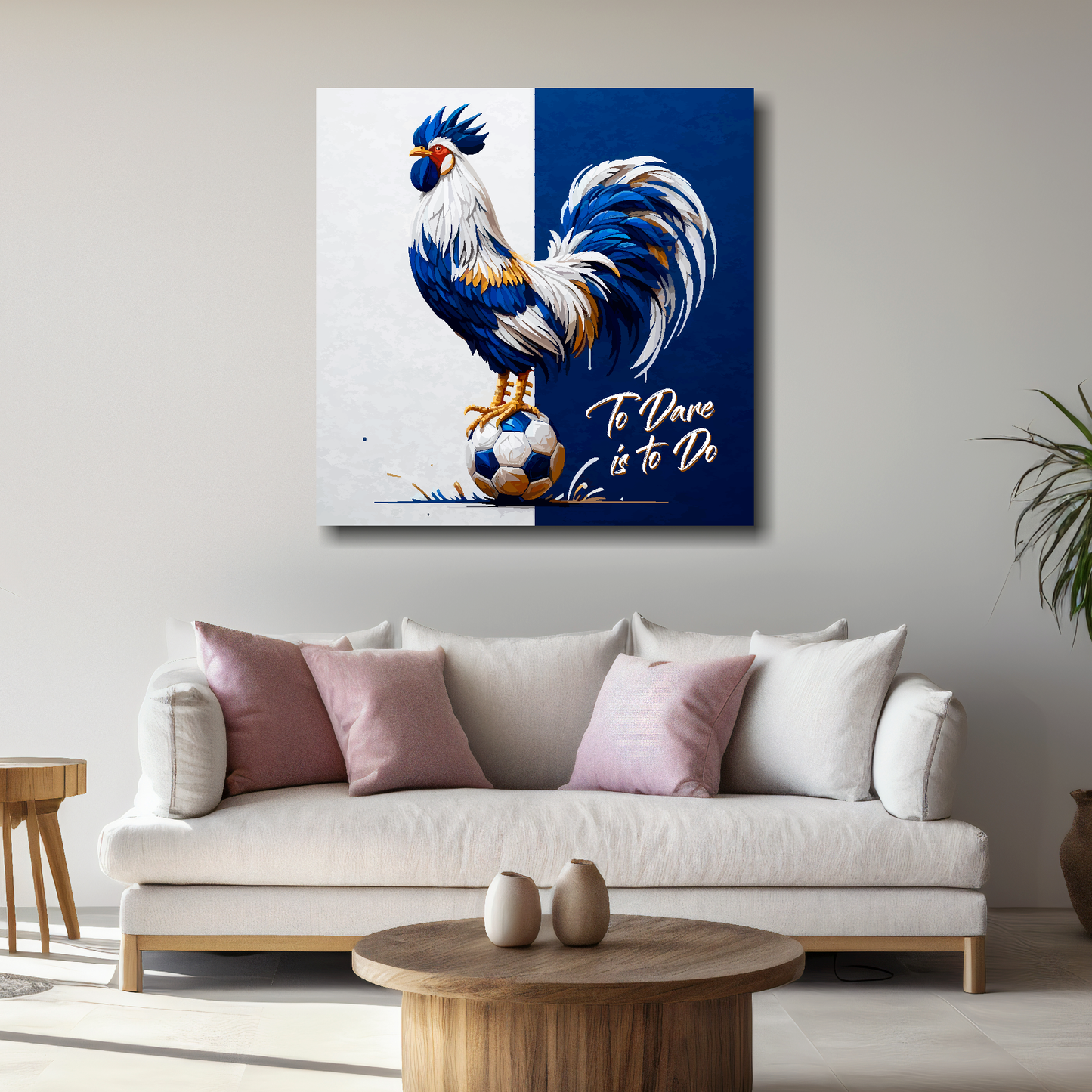 Tottenham Hotspur inspired canvas art. A colourful cockeral stands on a football on a white and navy blue halved background. Text saying, 'To Dare is to Do' in the bottom right hand corner. Hanging on a lounge wall above a white sofa.