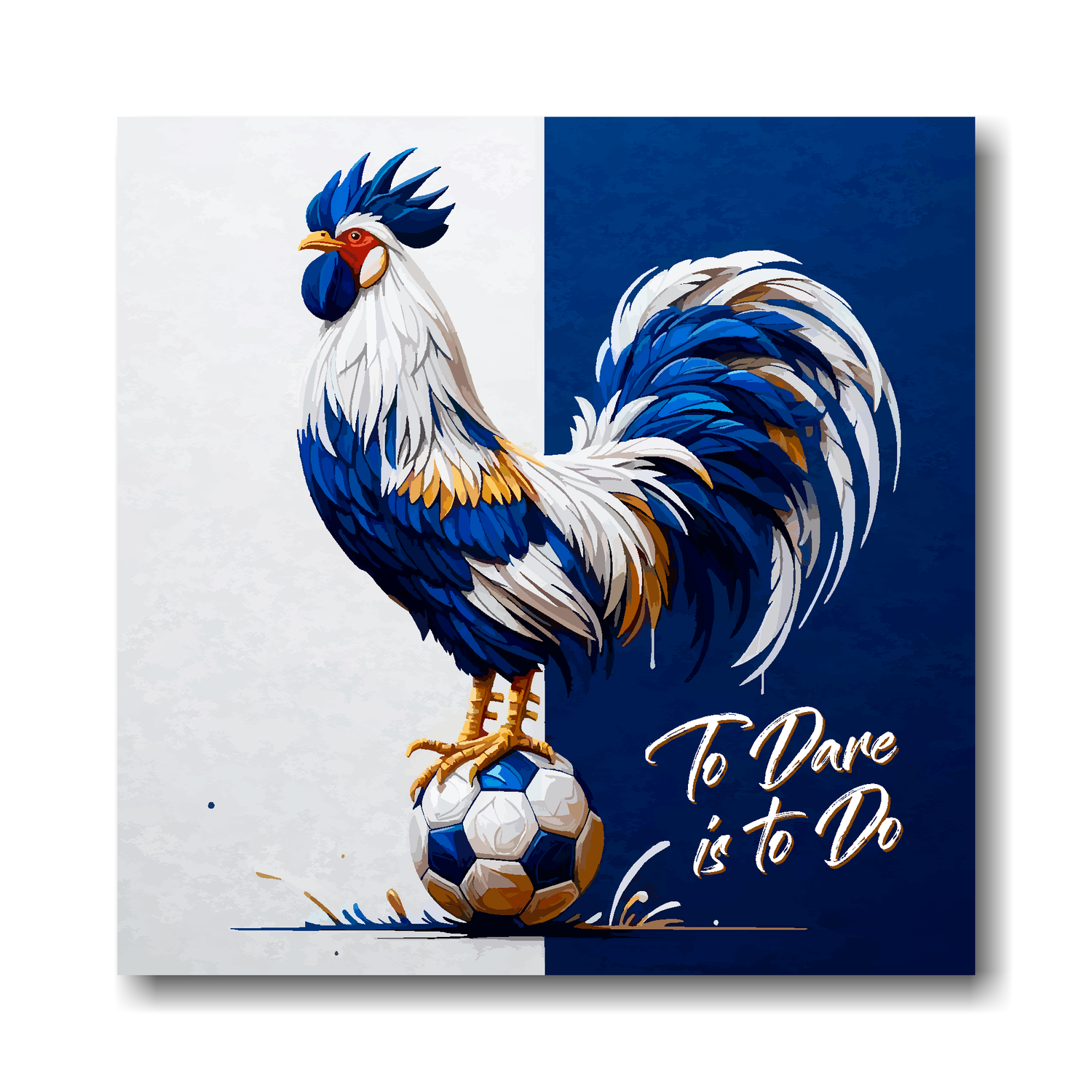 Tottenham Hotspur inspired canvas art. A colourful cockeral stands on a football on a white and navy blue halved background. Text saying, 'To Dare is to Do' in the bottom right hand corner.