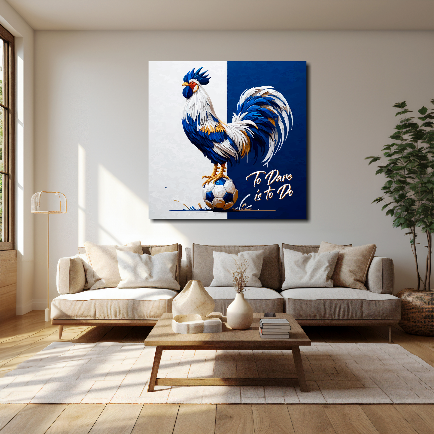 Tottenham Hotspur inspired canvas art. A colourful cockeral stands on a football on a white and navy blue halved background. Text saying, 'To Dare is to Do' in the bottom right hand corner. Hanging on a lounge wall above a brown sofa.