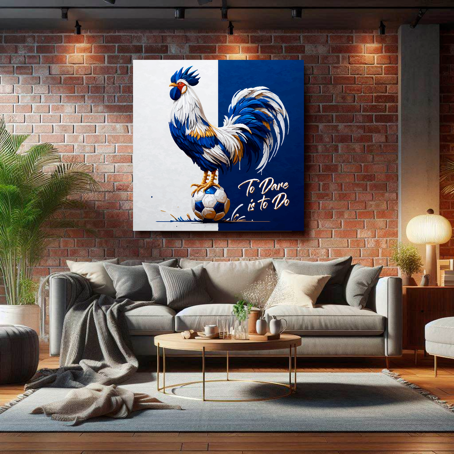 Tottenham Hotspur inspired canvas art. A colourful cockeral stands on a football on a white and navy blue halved background. Text saying, 'To Dare is to Do' in the bottom right hand corner. Hanging on a lounge brick wall above a grey sofa.