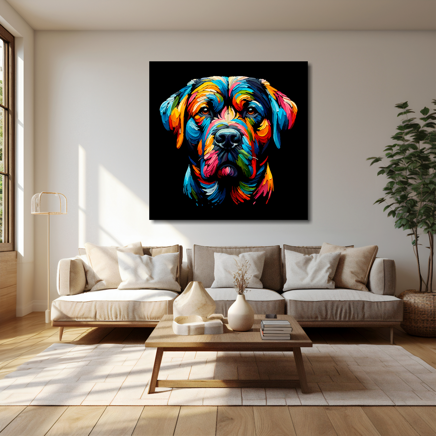 40 inch by 40 inch square canvas print featuring a multi-coloured Staffador dog portrait. Mounted on a cream wall above a cream sofa with decorative pillows.