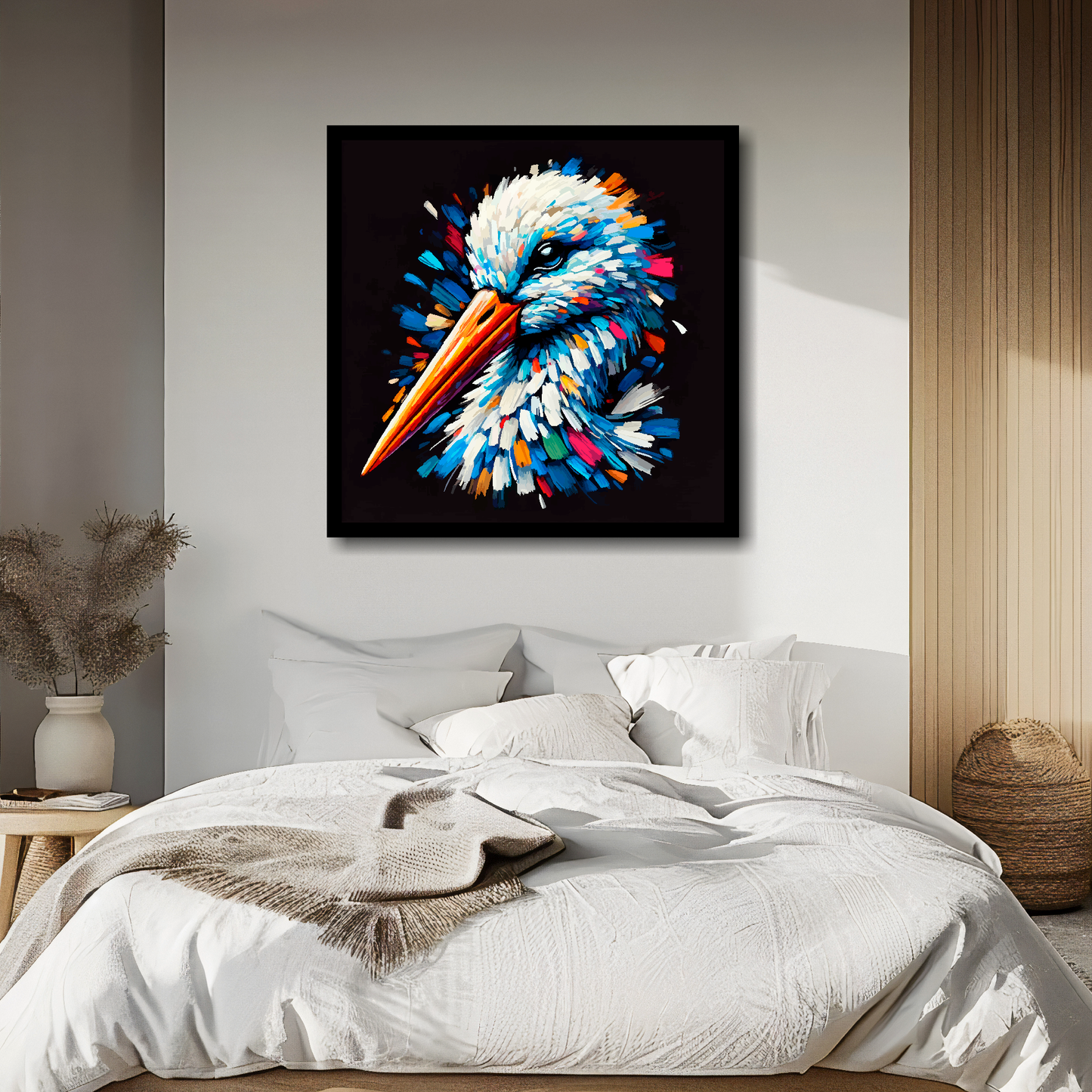 Large canvas wall art - A vibrant multi-coloured head portrait of a Stork. Available in 3 large sizes.