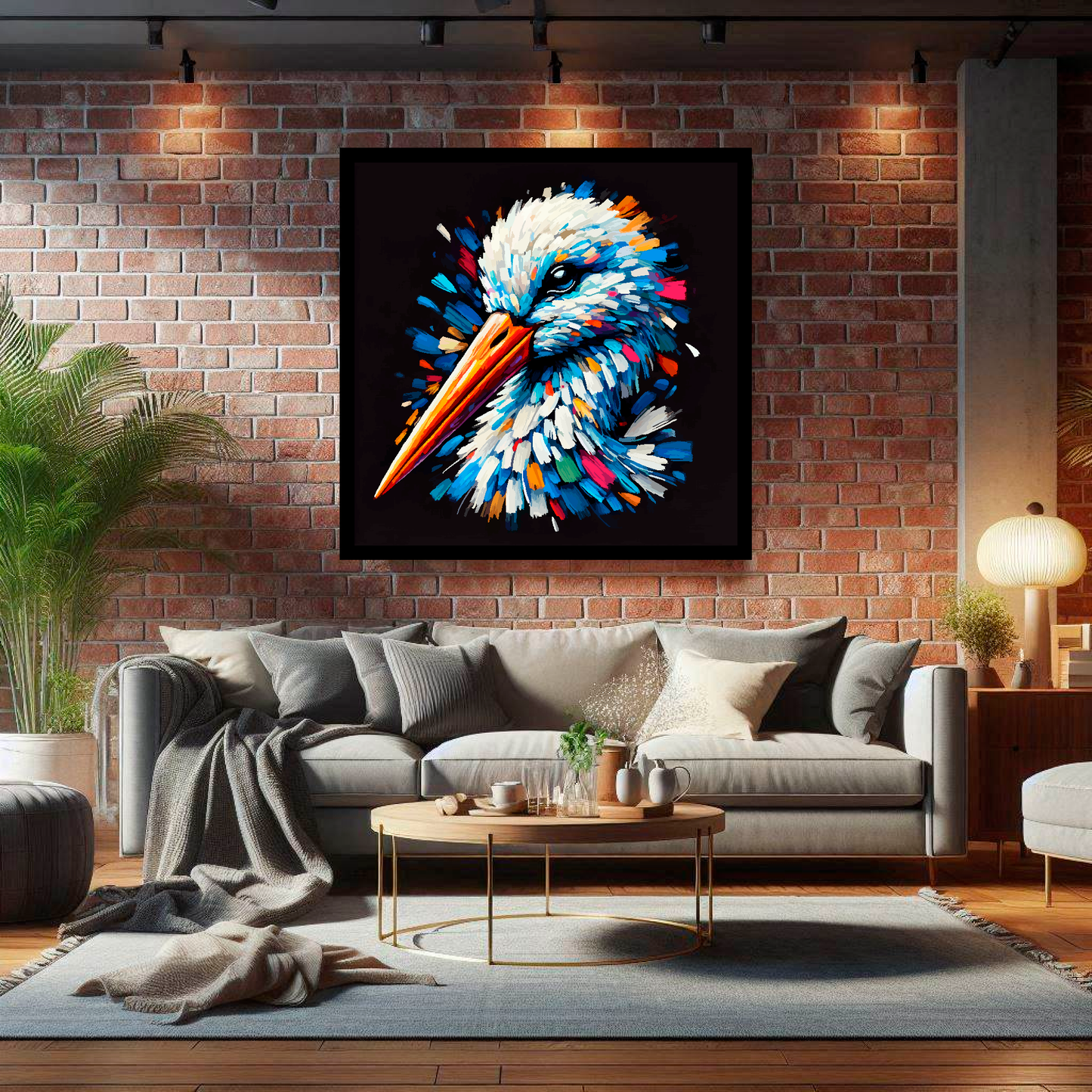 Large canvas wall art - A vibrant multi-coloured head portrait of a Stork. Available in 3 large sizes.