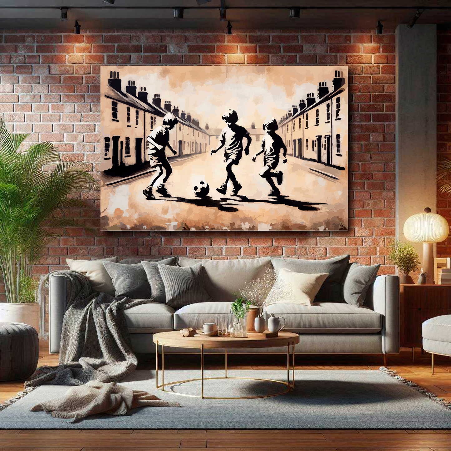 Large canvas wall art - A plastered wall mural of 3 boys playing football in the street. Available in 3 large sizes.