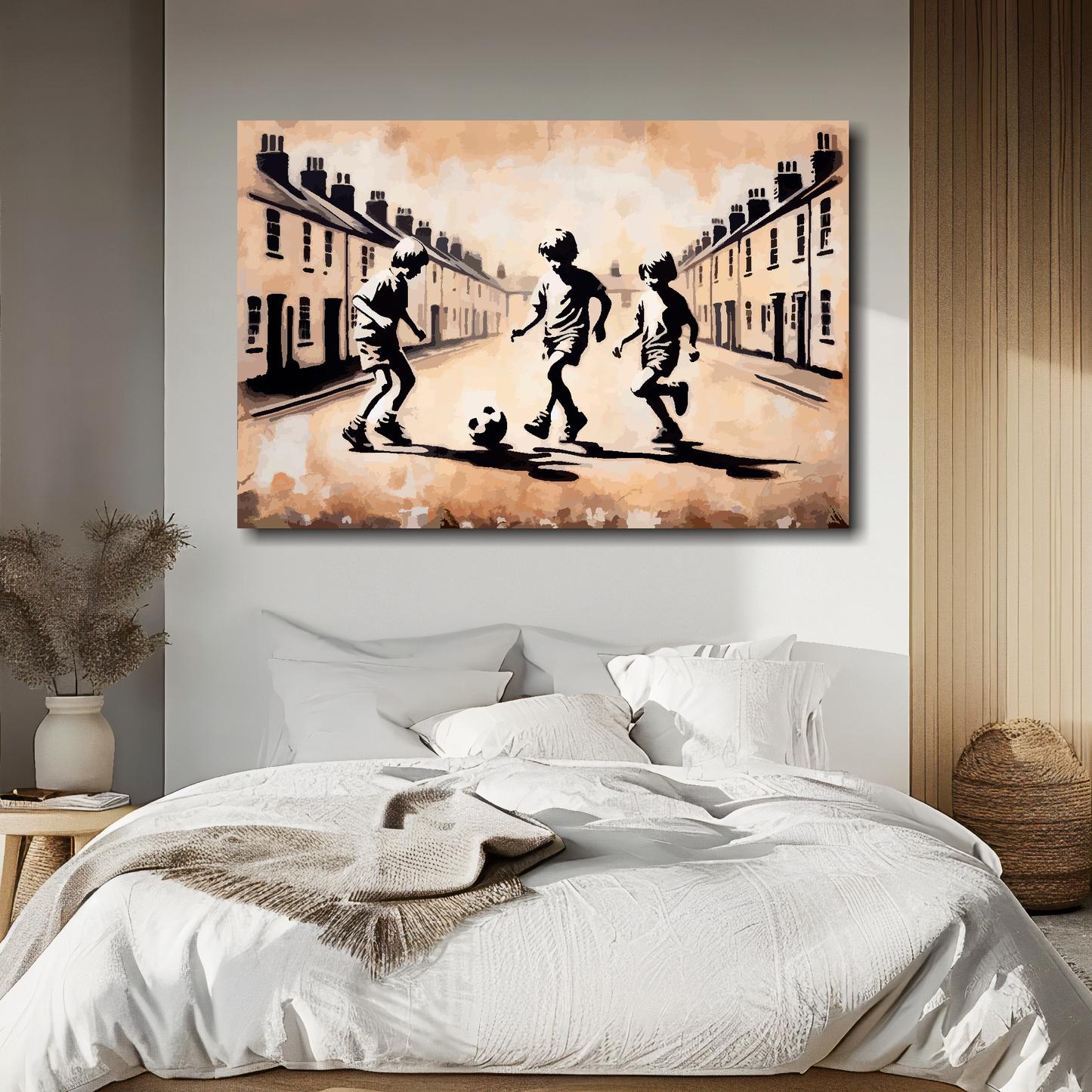 Large canvas wall art - A plastered wall mural of 3 boys playing football in the street. Available in 3 large sizes.