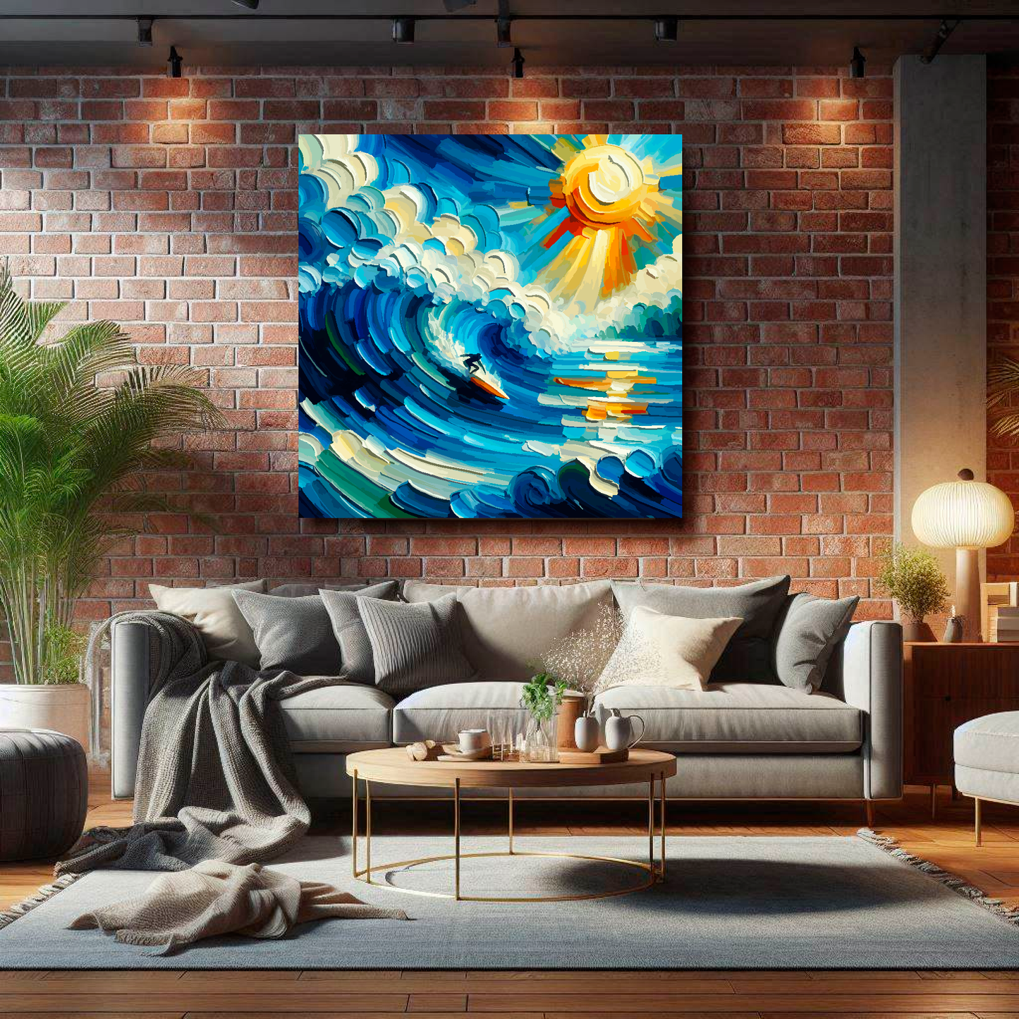 Huge canvas mounted on a brick living room wall above a grey sofa. Featuring an abstract painting of a surfer catching a huge wave.
