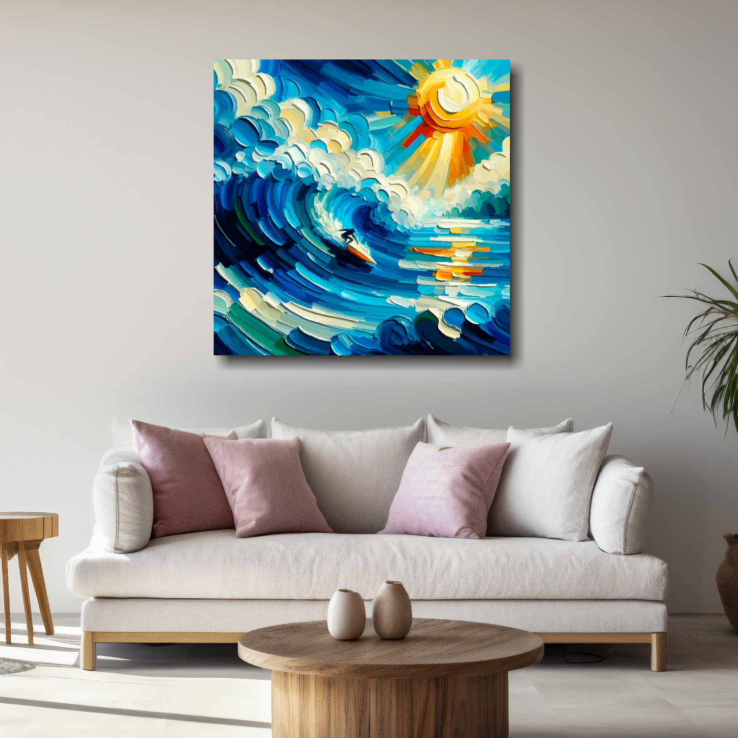 Large canvas mounted on a white living room wall above a white sofa. Featuring an abstract painting of a surfer catching a huge wave.