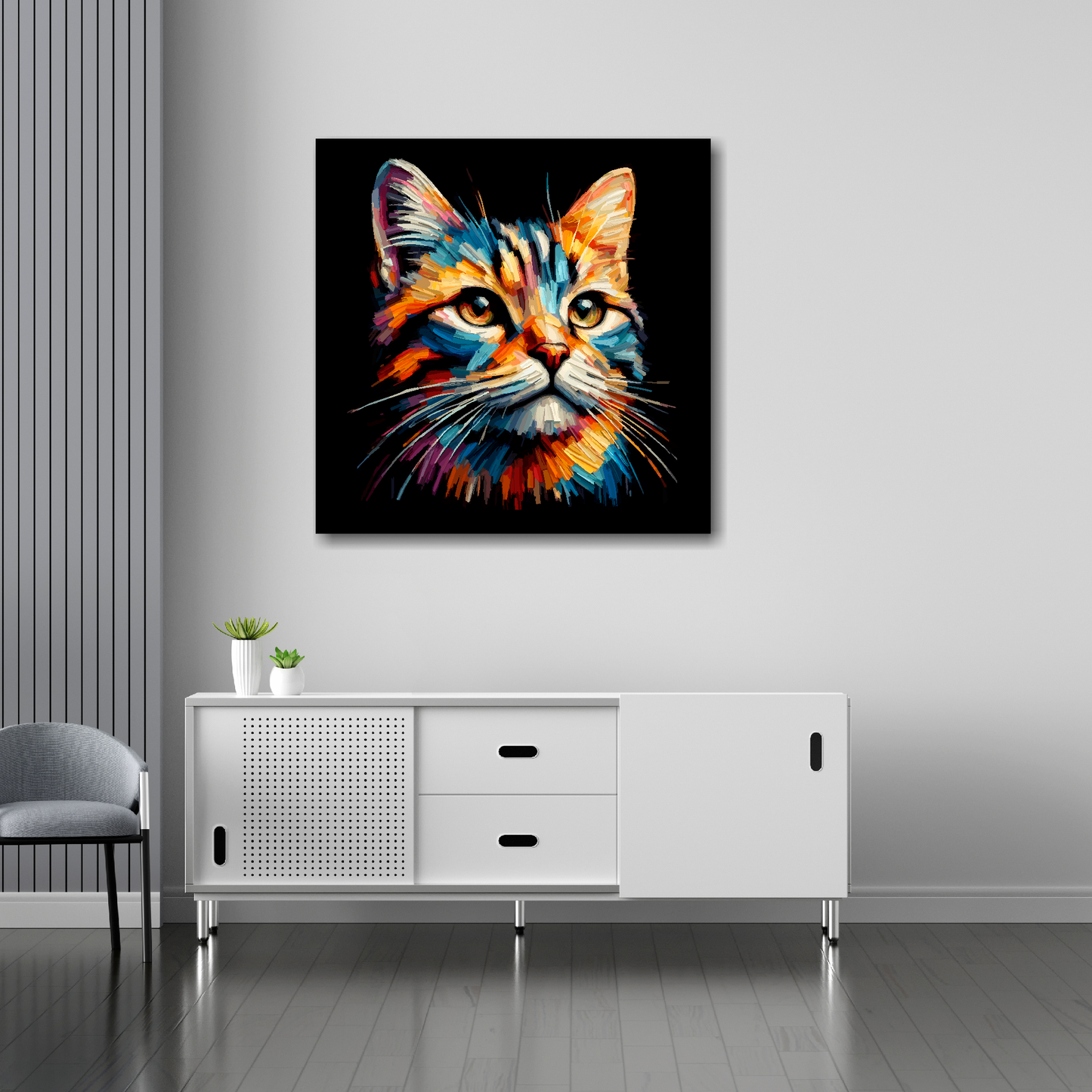 30 inch by 30 inch square canvas of a colourful Tabby cat head portrait on a black background. Mounted on a white wall above a white sideboard.