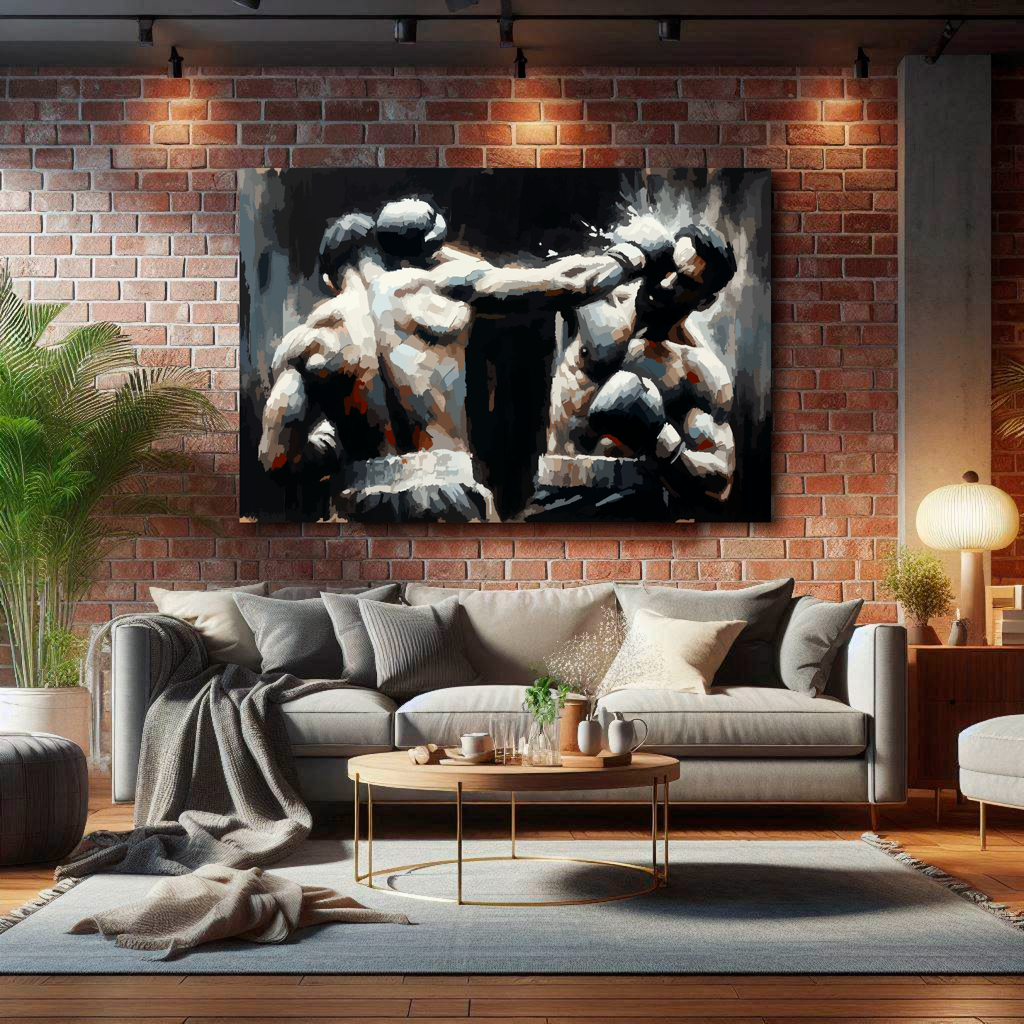 Huge canvas print featuring two boxers in a match on a dark background. Mounted on a brick wall above a grey sofa with decorative pillows.