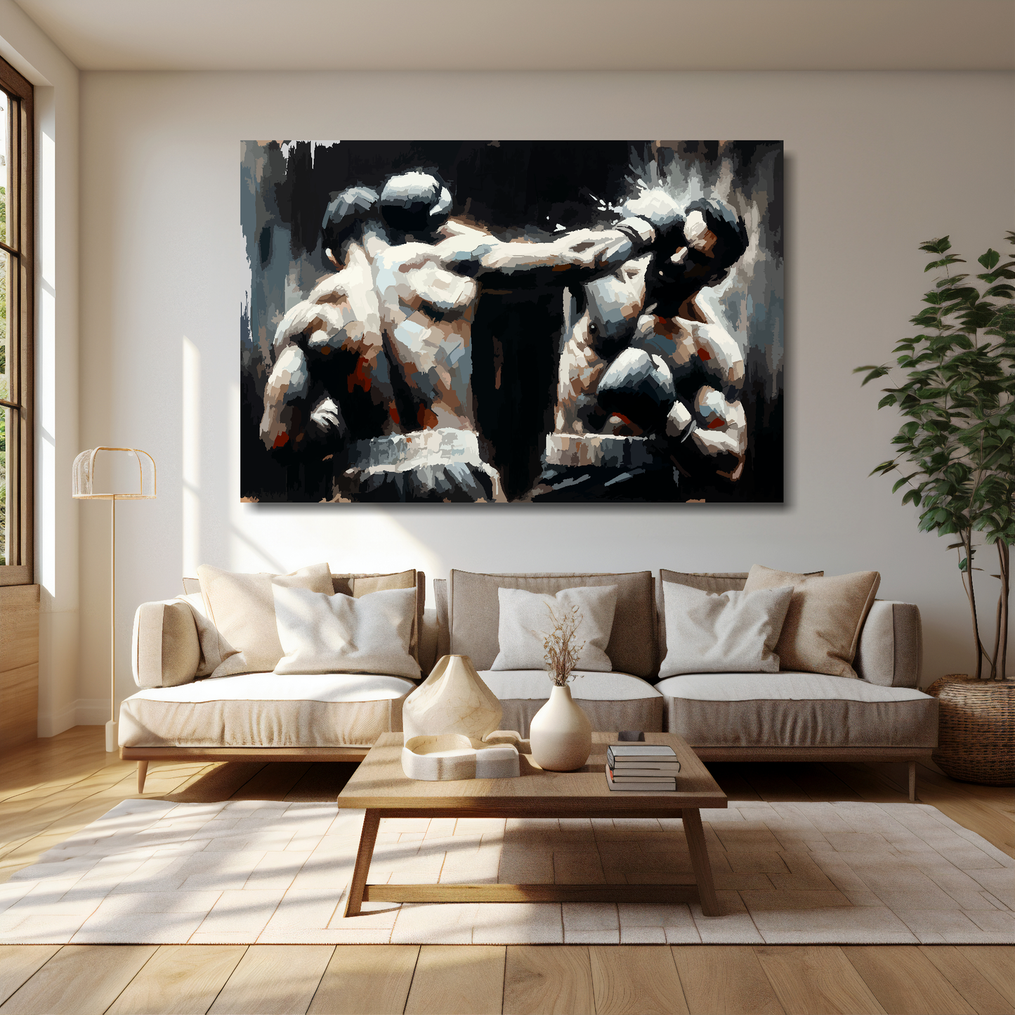 Huge canvas print featuring two boxers in a match on a dark background. Mounted on a cream wall above a cream sofa with decorative pillows.