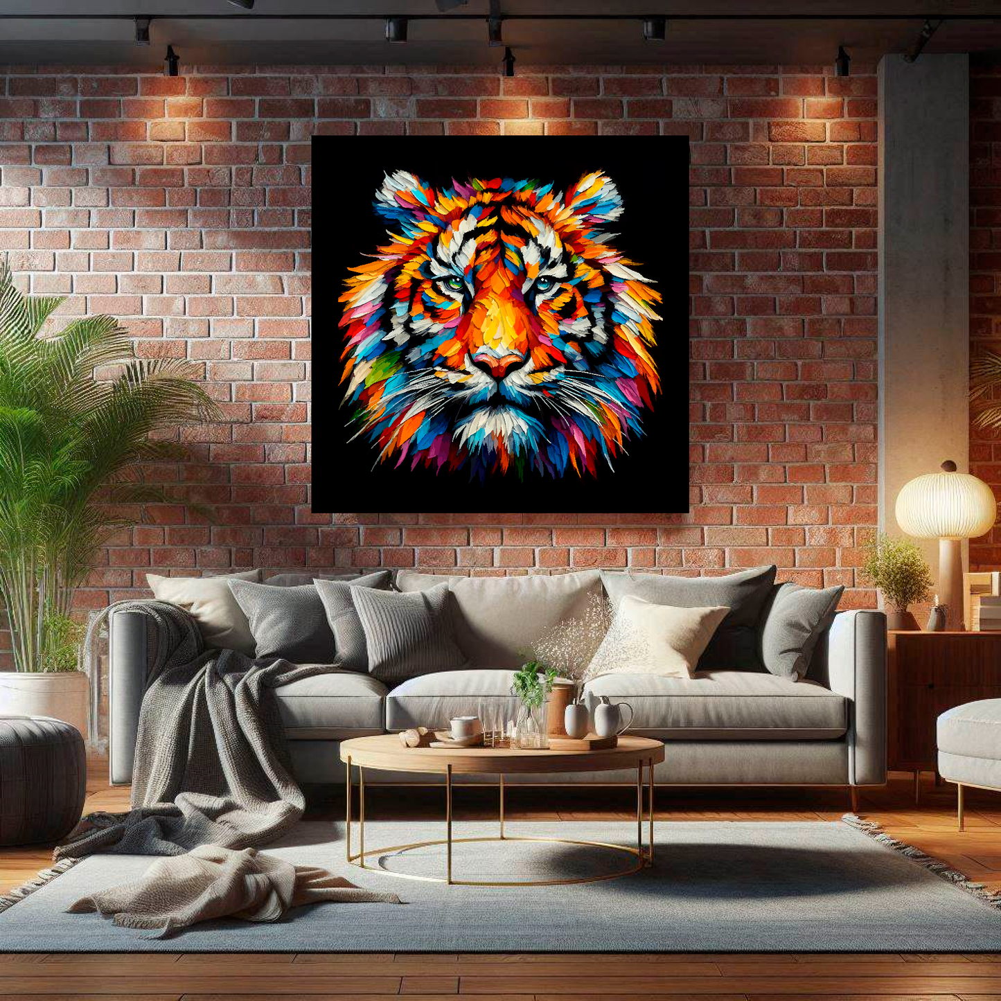 Large canvas wall art - A vibrant multi-coloured head portrait of a Tiger. Available in 3 large sizes.