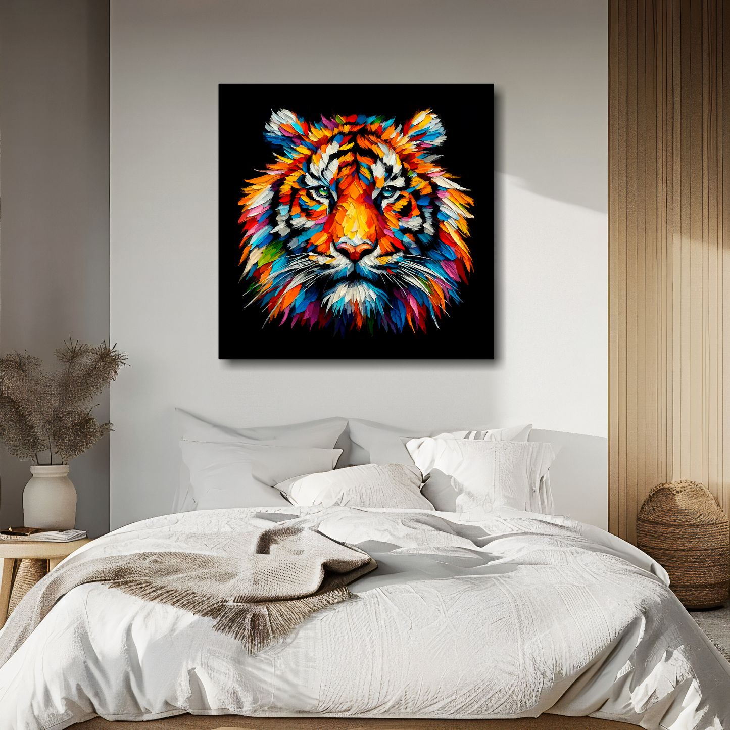 Large canvas wall art - A vibrant multi-coloured head portrait of a Tiger. Available in 3 large sizes.