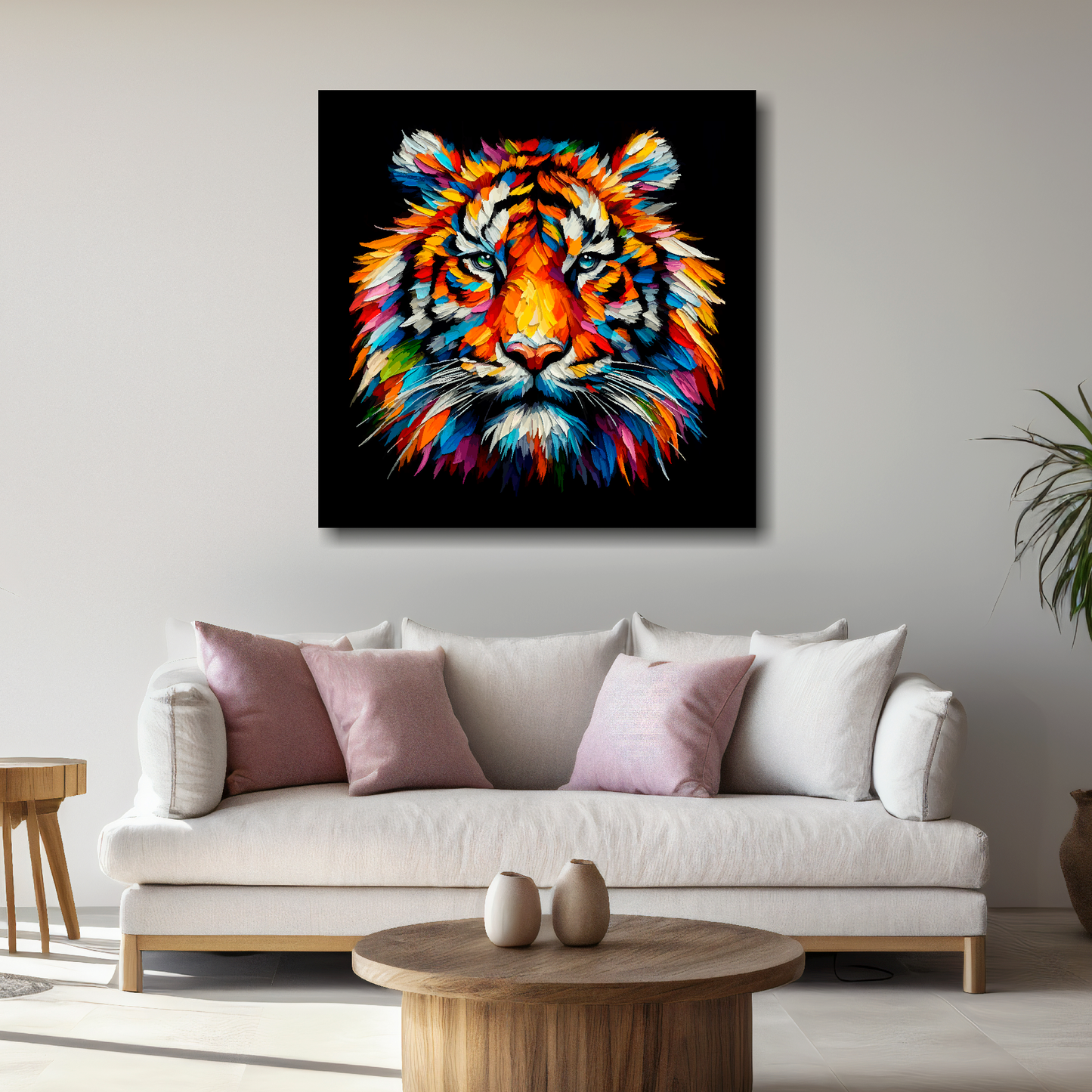 Large canvas wall art - A vibrant multi-coloured head portrait of a Tiger. Available in 3 large sizes.