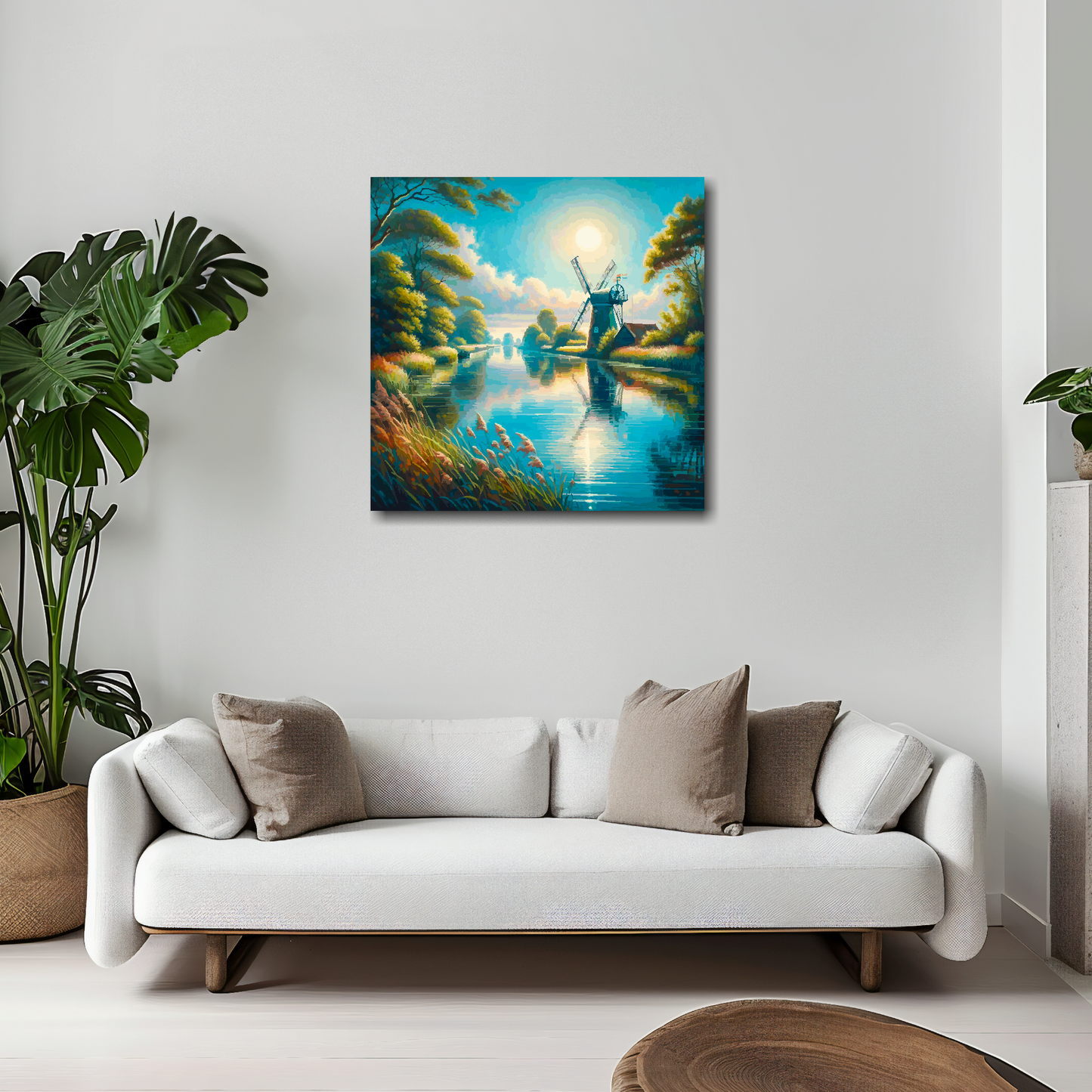 20 inch by 20 inch canvas mounted on a white living room wall above a white sofa. Featuring an abstract painting of a windmill on the Norfolk broads.