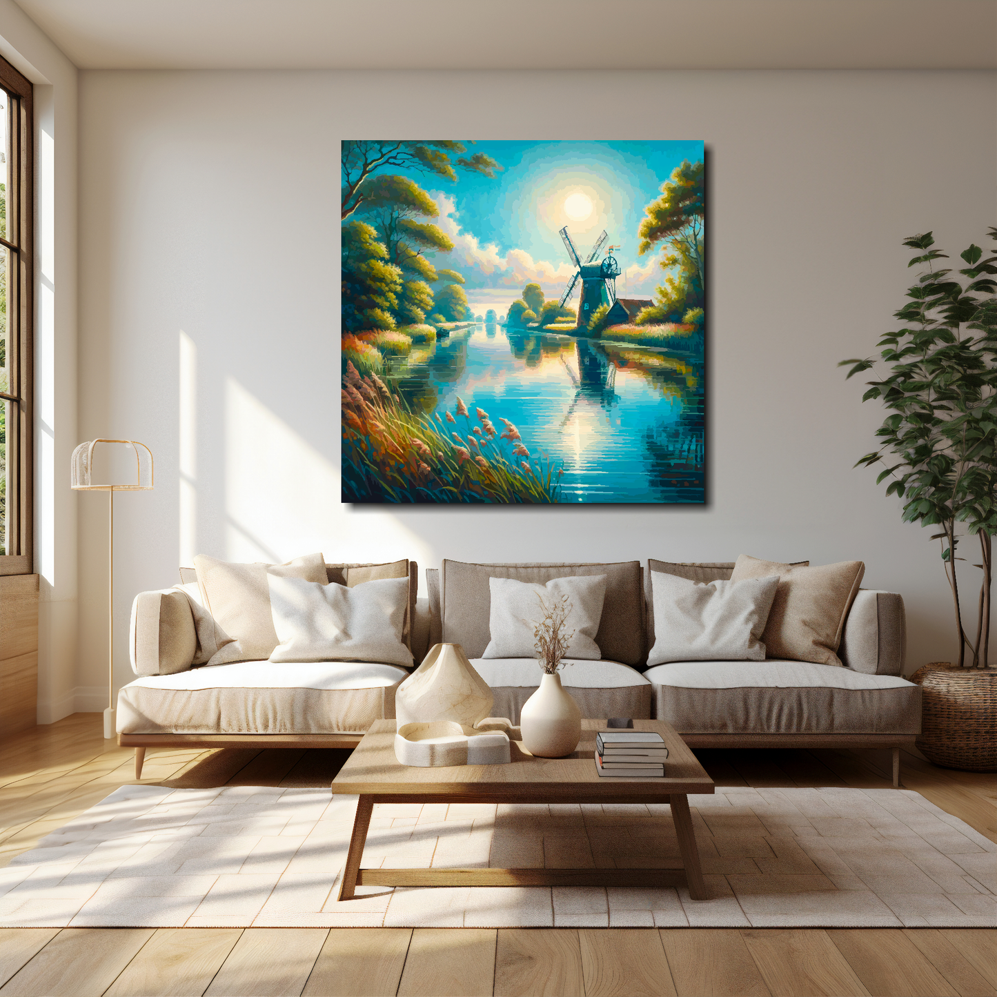 40 inch by 40 inch canvas mounted on a white living room wall above a cream sofa. Featuring an abstract painting of a windmill on the Norfolk broads.