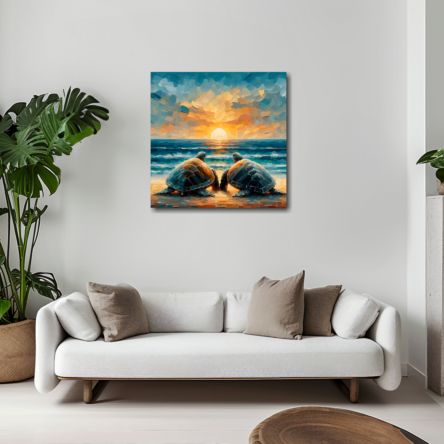 20 inch by 20 inch square canvas featuring two turtles watching a sunset. Mounted on a white wall above a white sofa with decorative pillows.