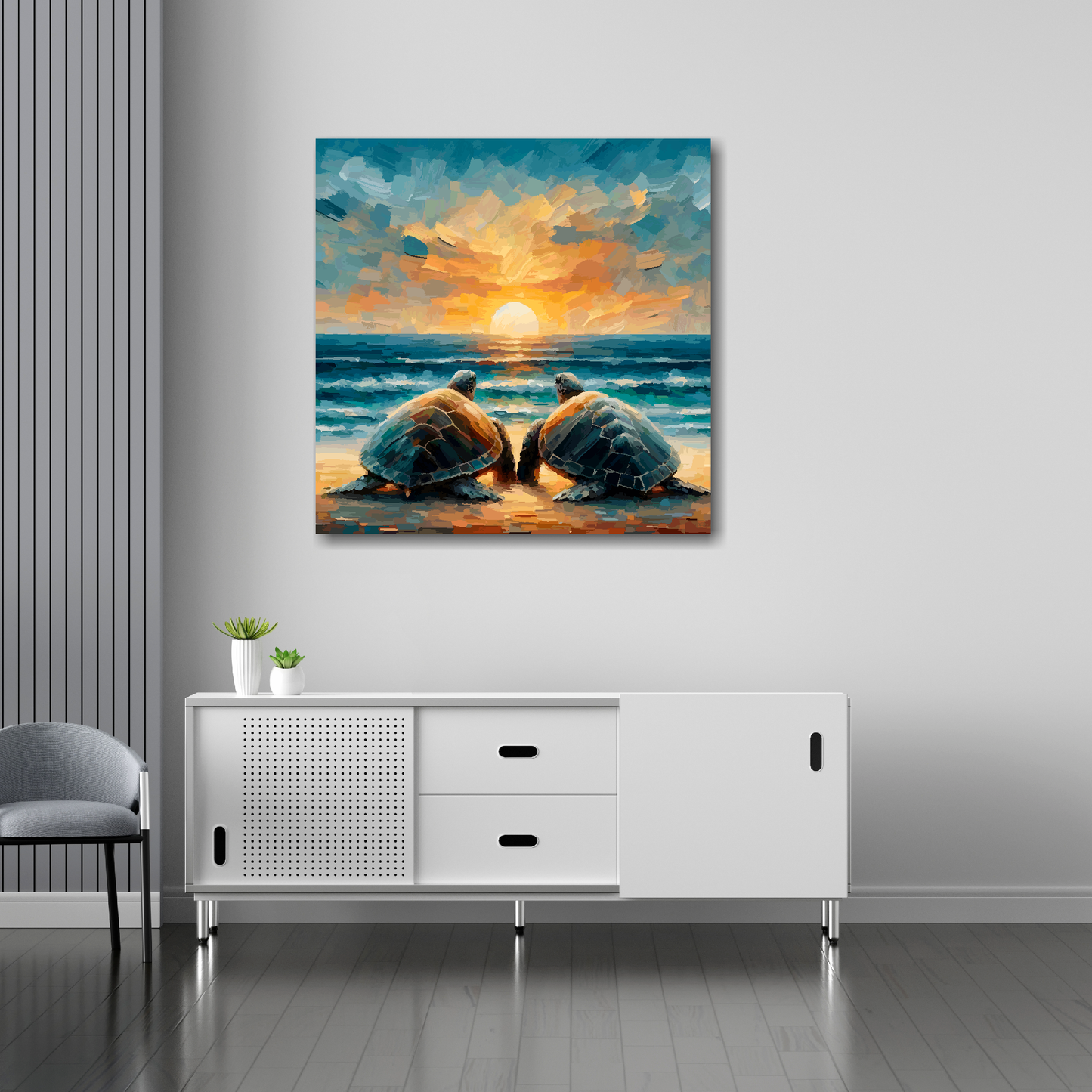 30 inch by 30 inch square canvas featuring two turtles watching a sunset. Mounted on a white wall above a white sideboard.