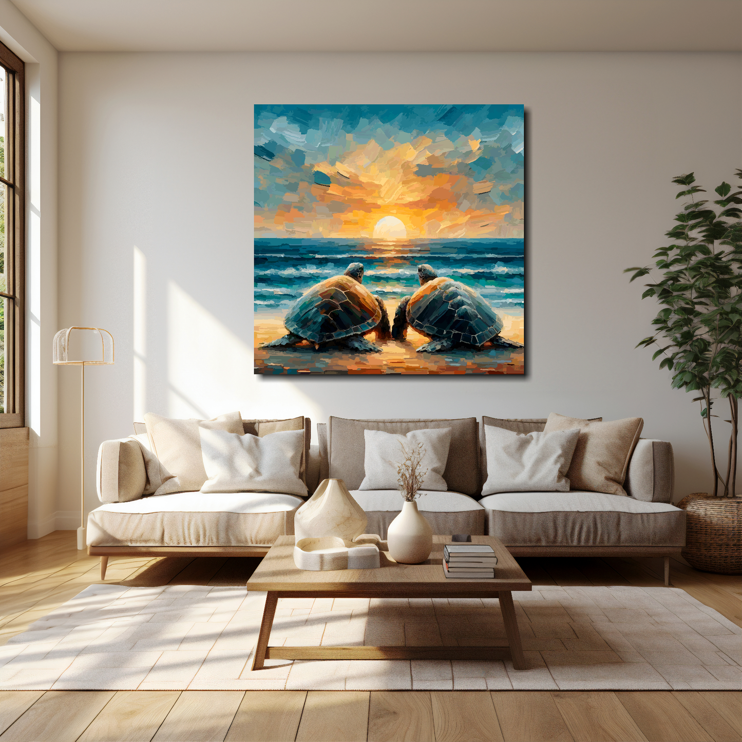 40 inch by 40 inch square canvas featuring two turtles watching a sunset. Mounted on a cream wall above a cream sofa with decorative pillows.