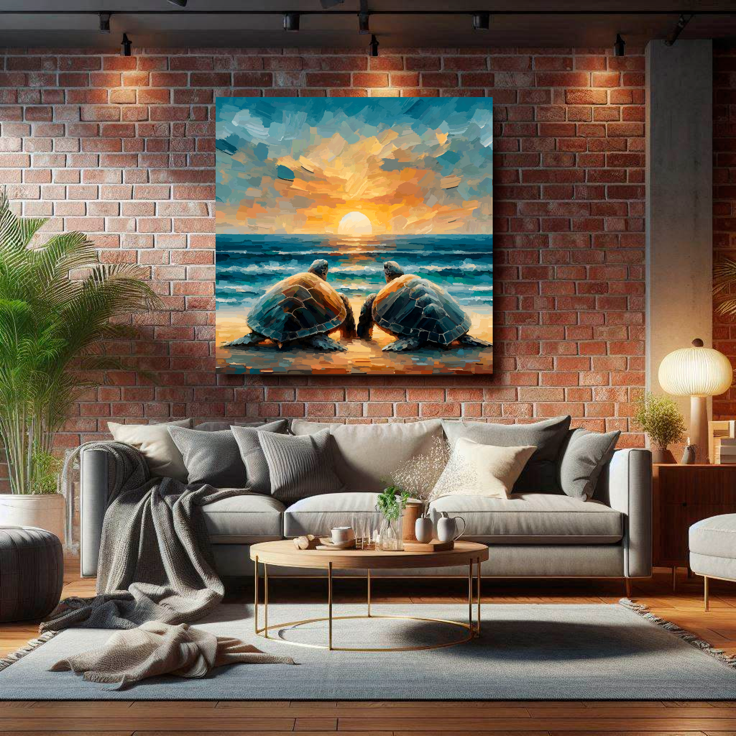 Large square canvas featuring two turtles watching a sunset. Mounted on a brick wall above a grey sofa with decorative pillows.