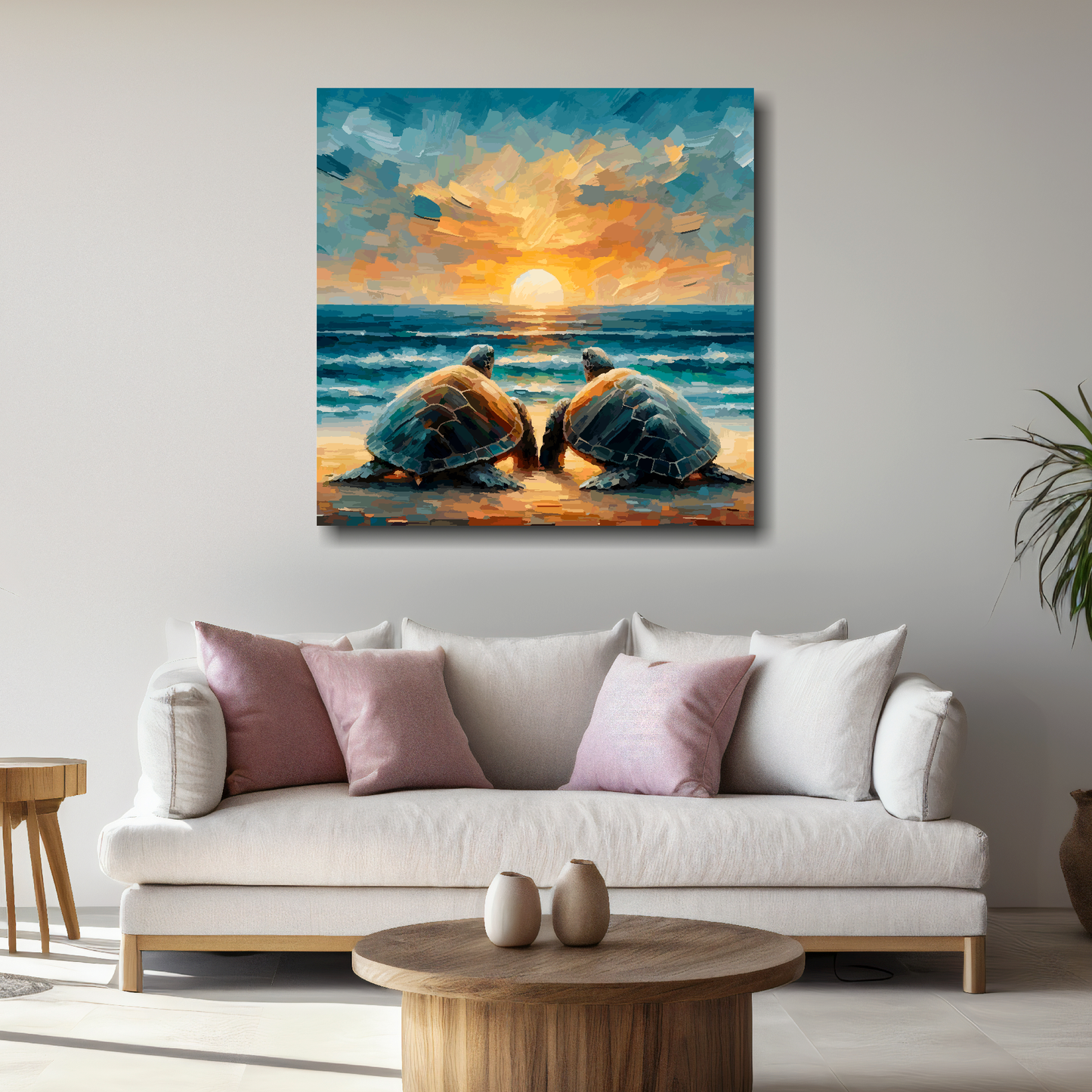 Large square canvas featuring two turtles watching a sunset. Mounted on a white wall above a white sofa with decorative pillows.