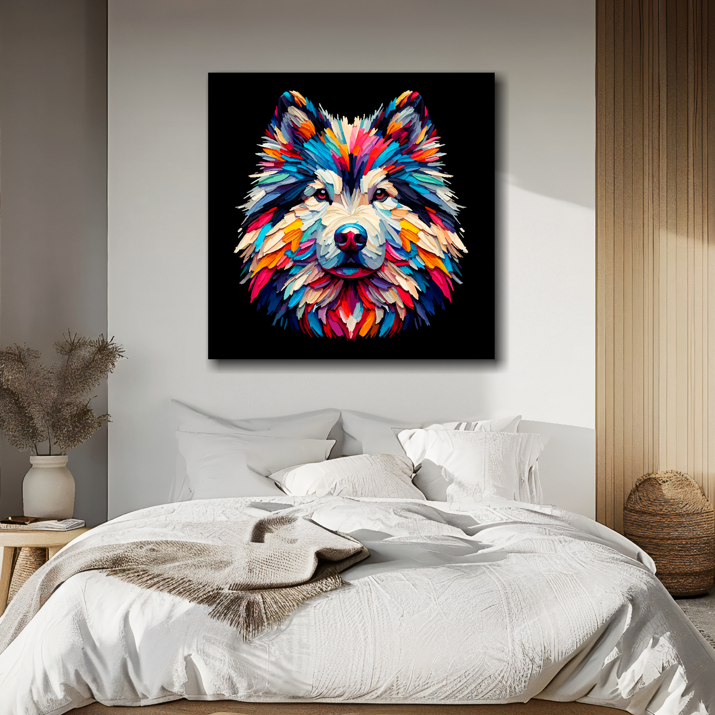 Canvas print featuring a multi-coloured Utonagan dog portrait. Mounted on a white wall above a double bed.