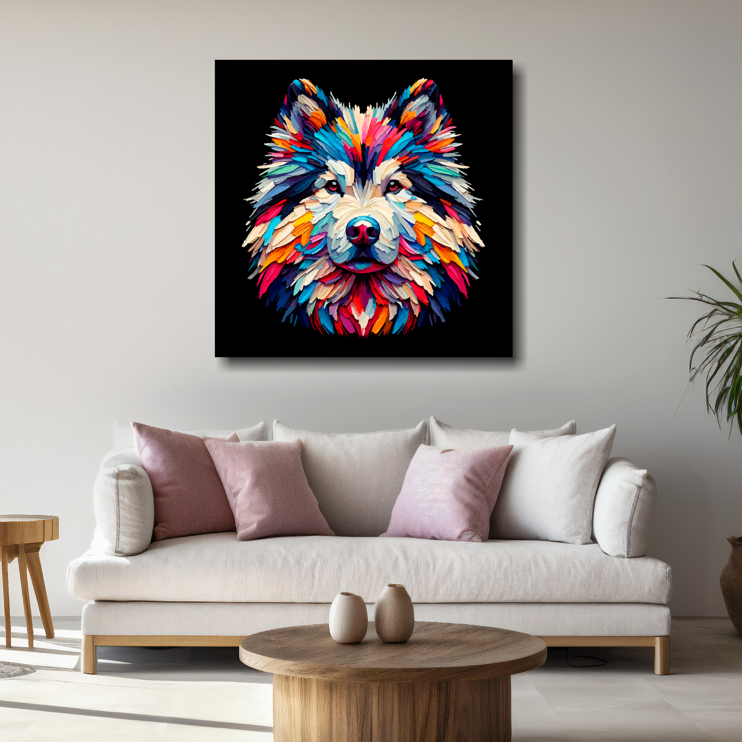Large canvas print featuring a multi-coloured Utonagan dog portrait. Mounted on a white wall above a white sofa with decorative pillows.