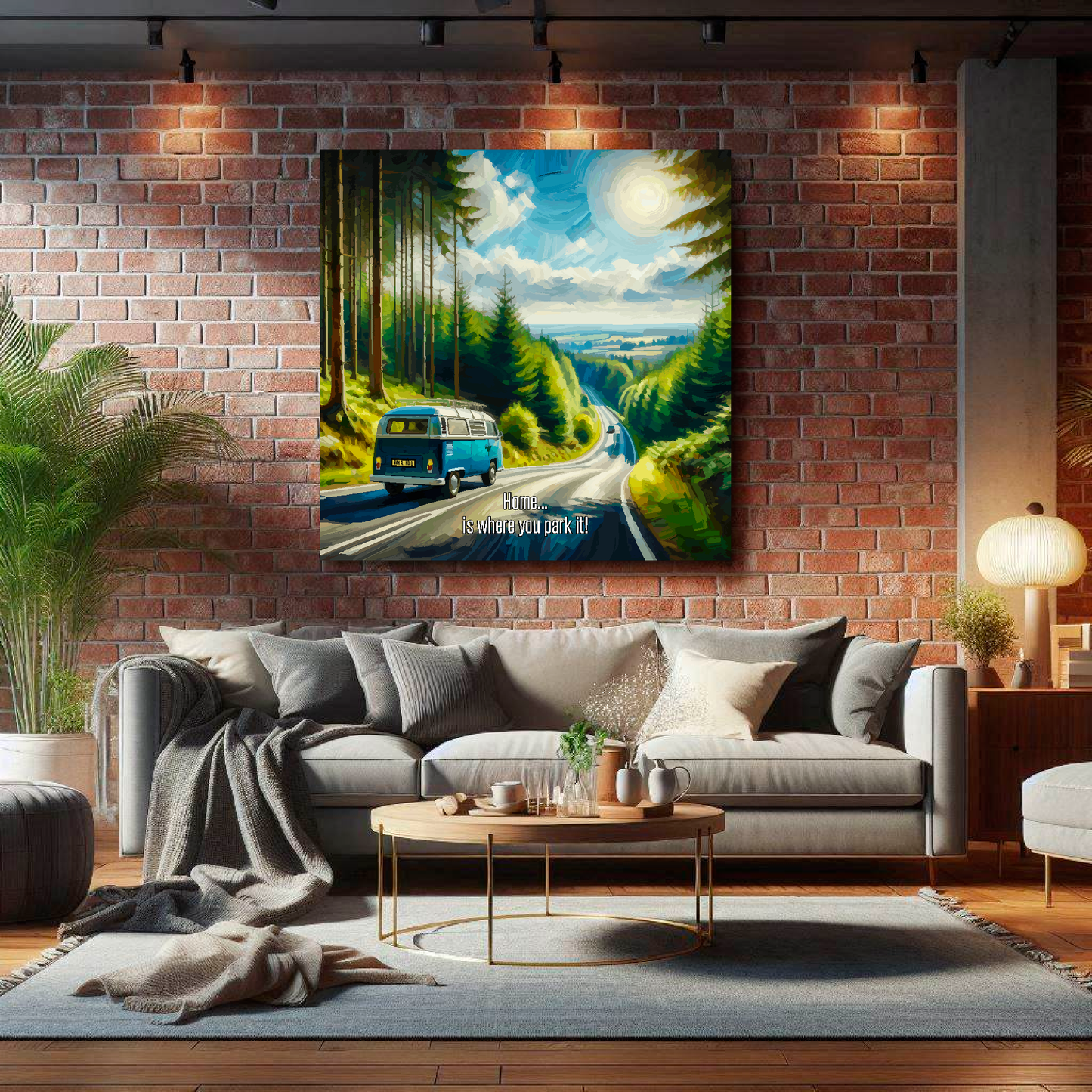 Large canvas wall art - A multi-coloured abstract of a VW Campervan traveling along a scenic road. Available in 3 large sizes.