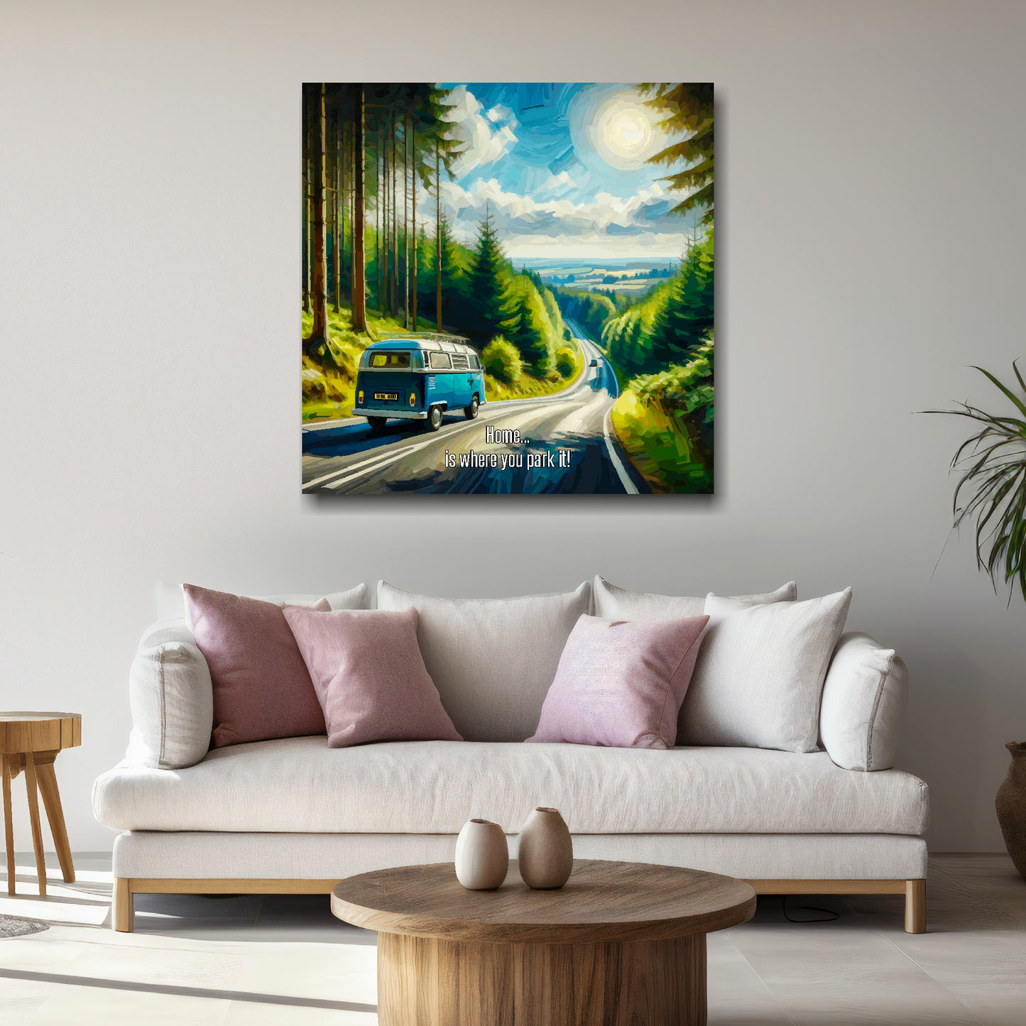 Large canvas wall art - A multi-coloured abstract of a VW Campervan traveling along a scenic road. Available in 3 large sizes.
