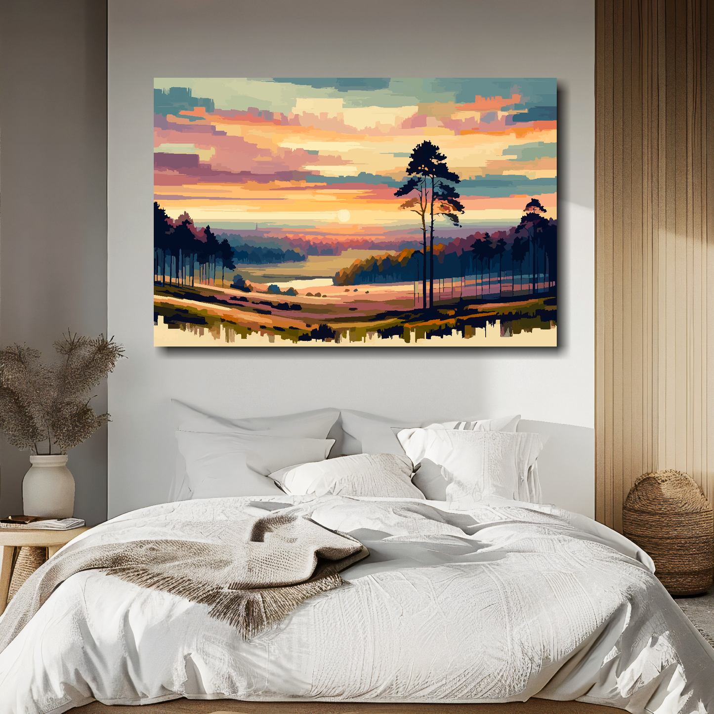 Surreal landscape painting above a bed in a bedroom