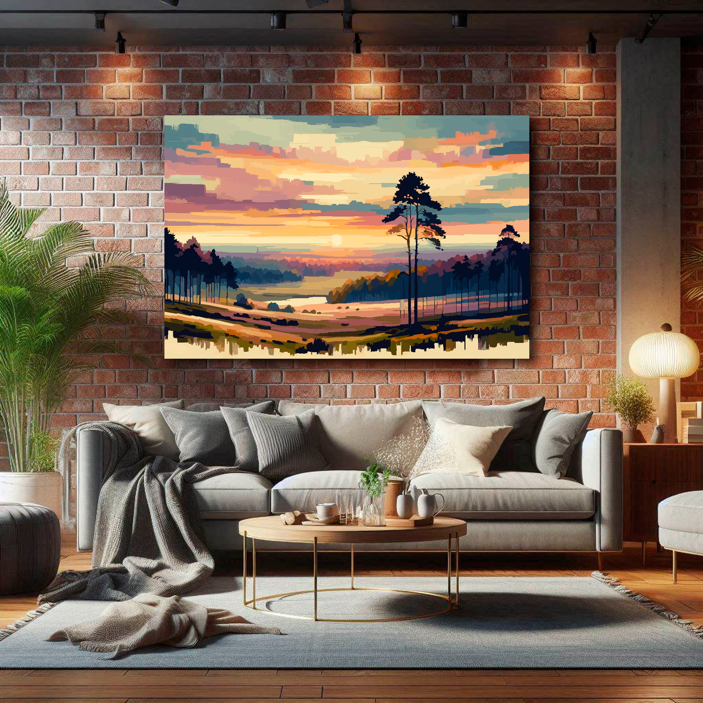 Living room with a gray sofa, coffee table, and wall art of a landscape with a tree.