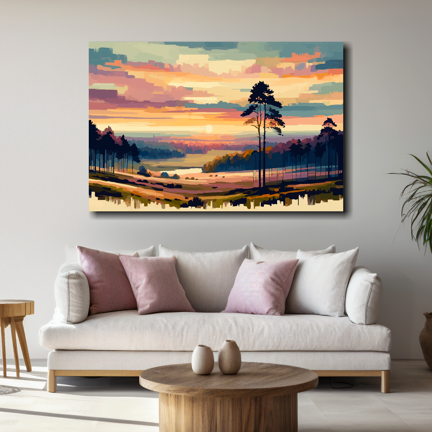 Landscape painting of a sunset over a field with trees on a wall above a white sofa.