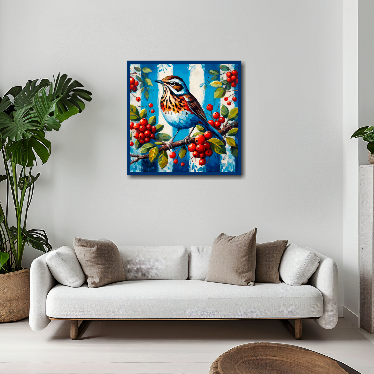 20 inch by 20 inch West Bromich Albion FC inspired canvas, mounted on a living room wall above a white sofa. Featuring a Throstle bird sitting on a berry branch on a blue and white striped background.