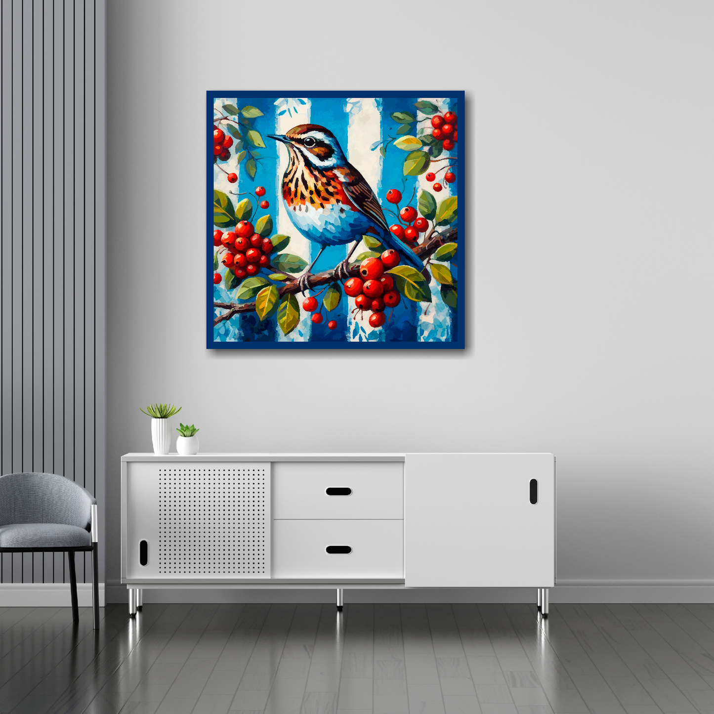 30 inch by 30 inch West Bromich Albion FC inspired canvas, mounted on a living room wall above a white sideboard. Featuring a Throstle bird sitting on a berry branch on a blue and white striped background.