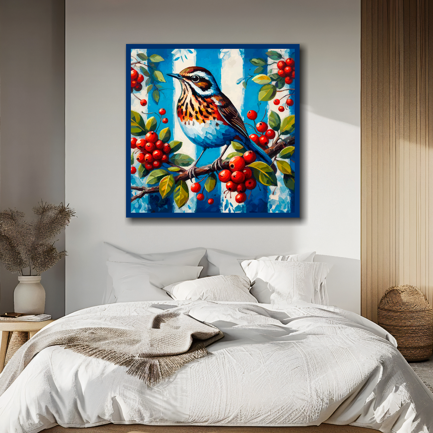 West Bromich Albion FC inspired canvas, mounted on a bedroom wall above a double bed. Featuring a Throstle bird sitting on a berry branch on a blue and white striped background.