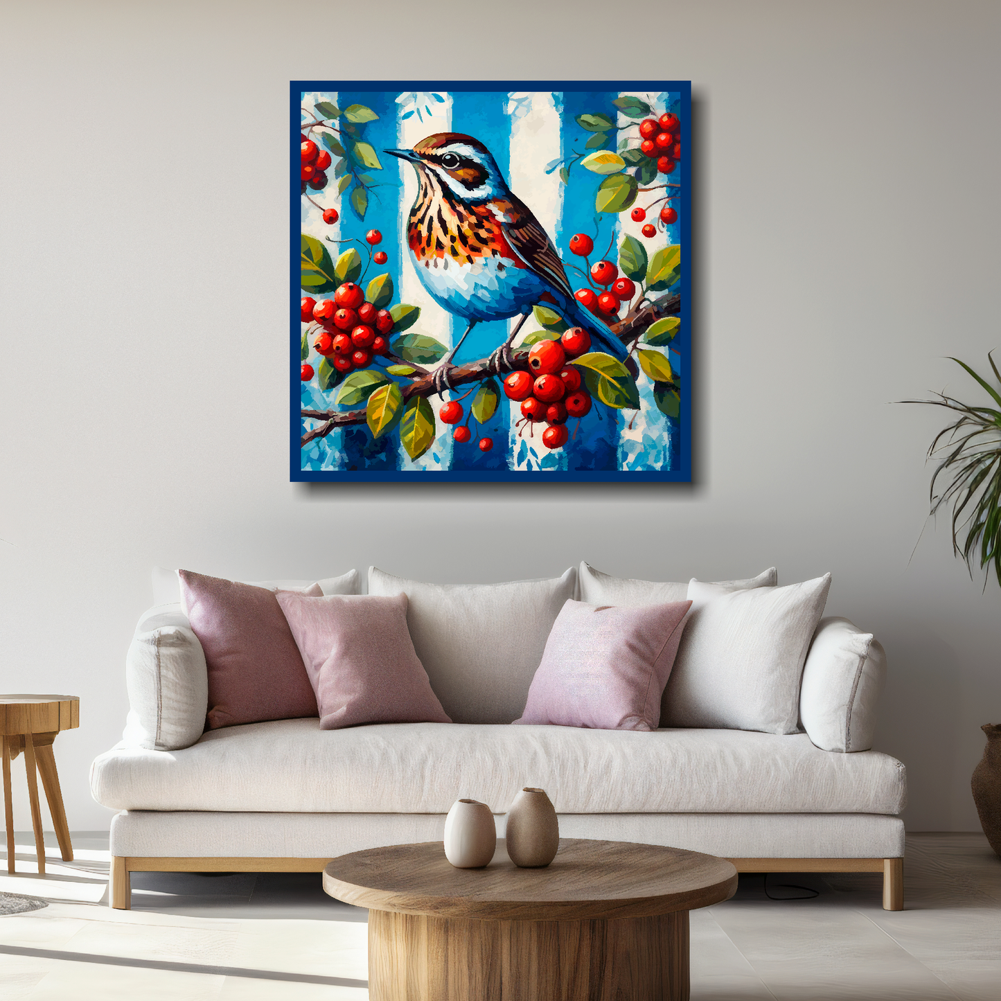West Bromich Albion FC inspired canvas, mounted on a living room wall above a white sofa. Featuring a Throstle bird sitting on a berry branch on a blue and white striped background.