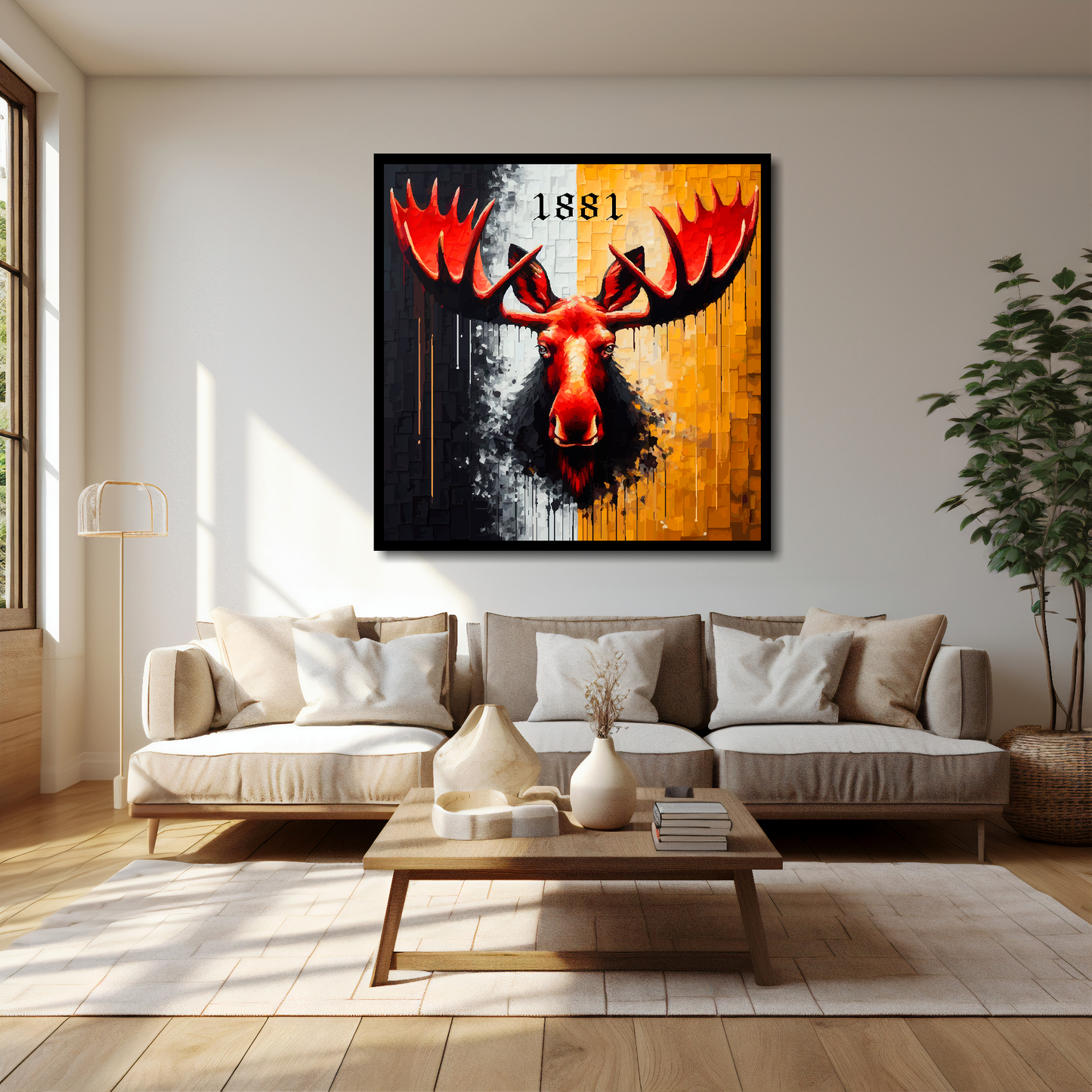 40 inch by 40 inch Watford FC inspired canvas, mounted on a living room wall above a cream sofa. Featuring a large red moose head on a black and yellow halved background. '1881' text above.