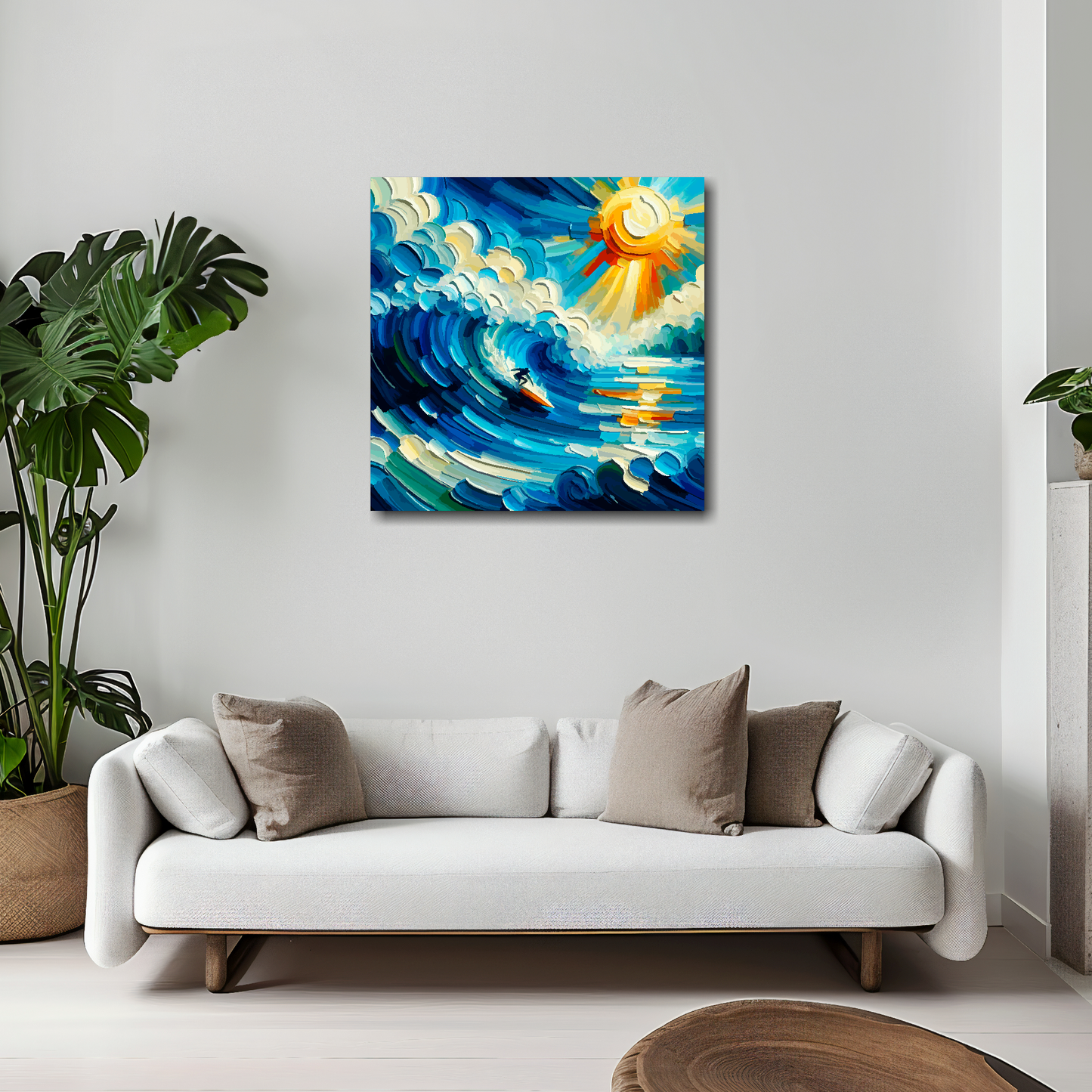 20 inch by 20 inch canvas mounted on a white living room wall above a white sofa. Featuring an abstract painting of a surfer catching a huge wave.