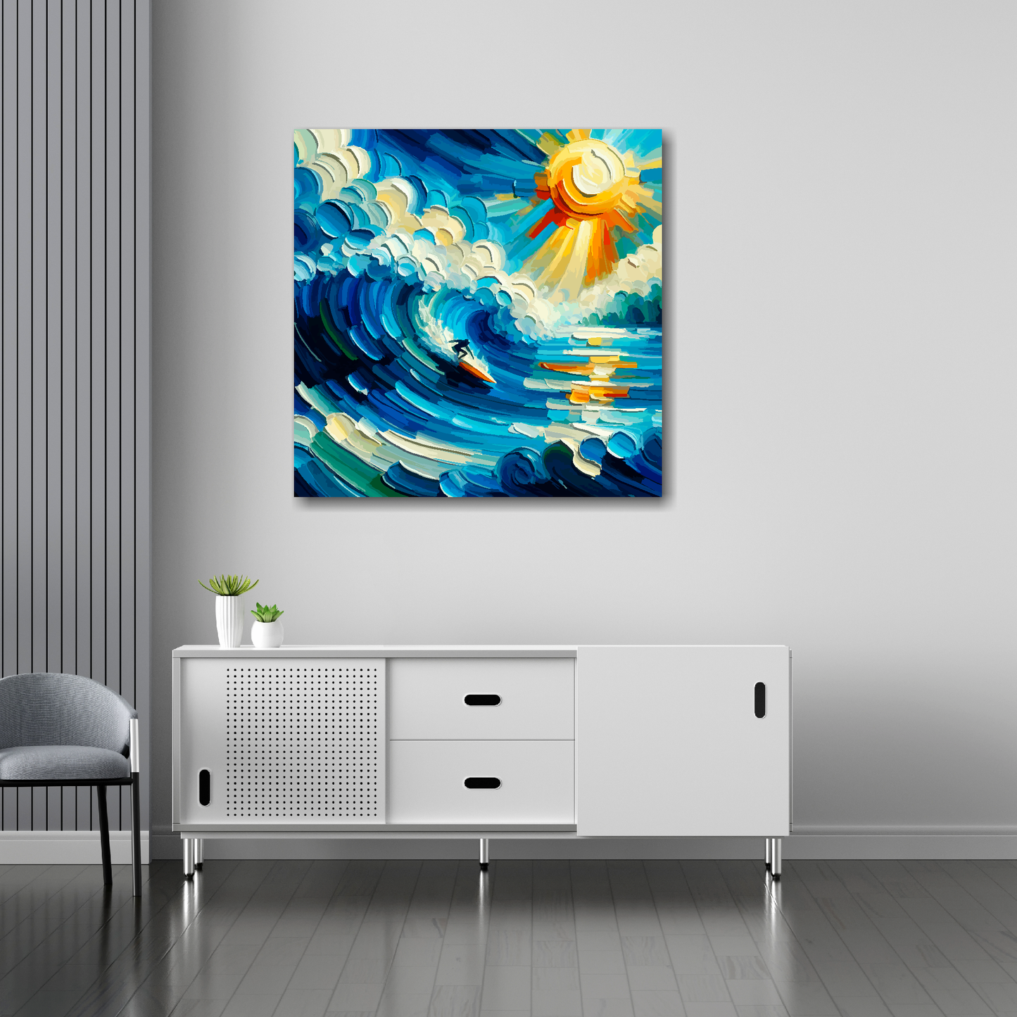 30 inch by 30 inch canvas mounted on a white living room wall above a white sideboard. Featuring an abstract painting of a surfer catching a huge wave.