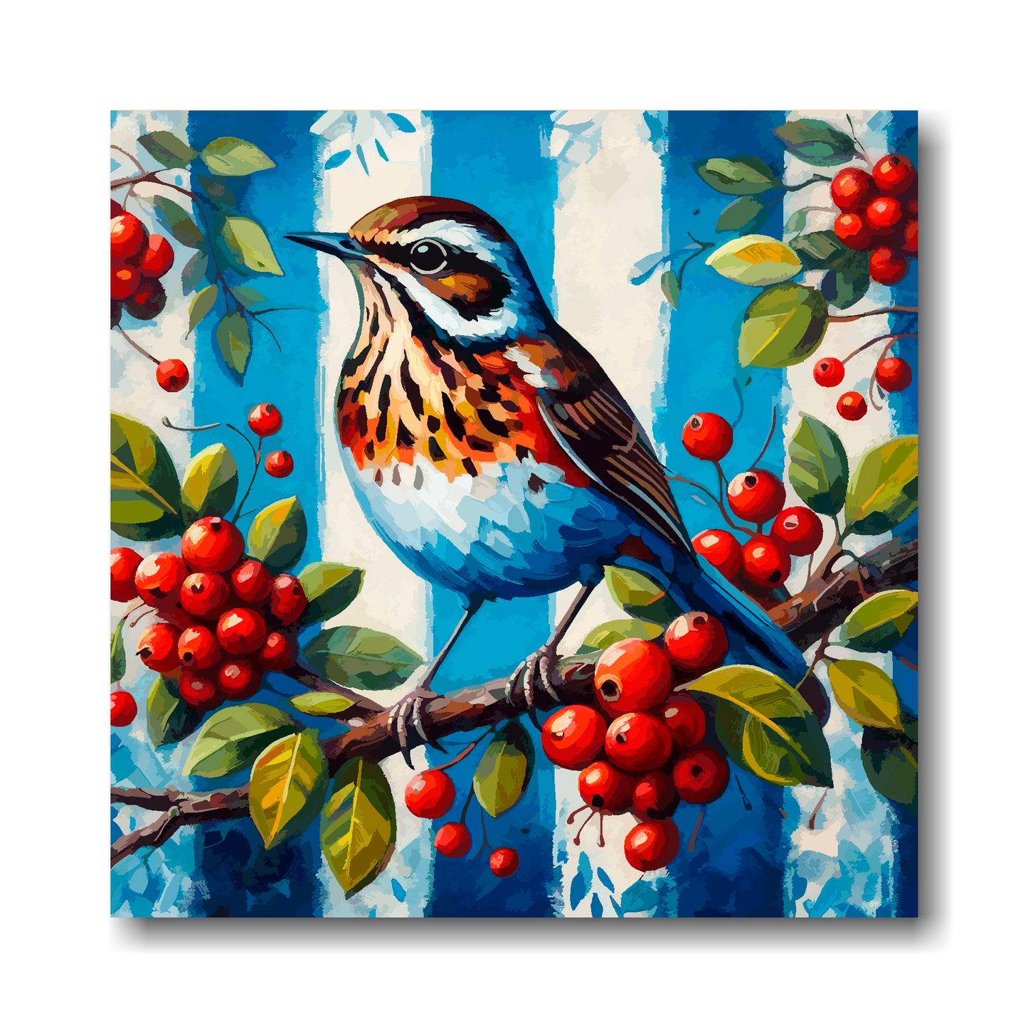 Large canvas wall art - A Throstle bird in blue and white, inspired by West Bromwich Albion F.C. Part of the UK CANVAS sports collection. Available in 3 large sizes.