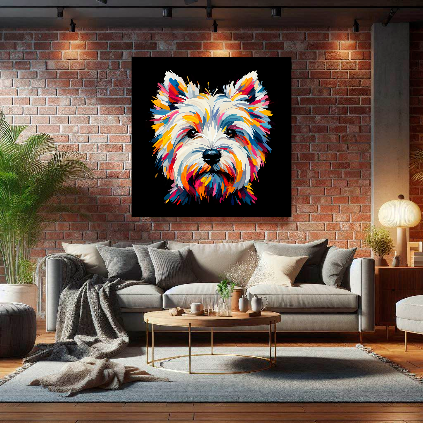 Large canvas wall art - A vibrant multi-coloured head portrait of a West Highland Terrier. Available in 3 large sizes.