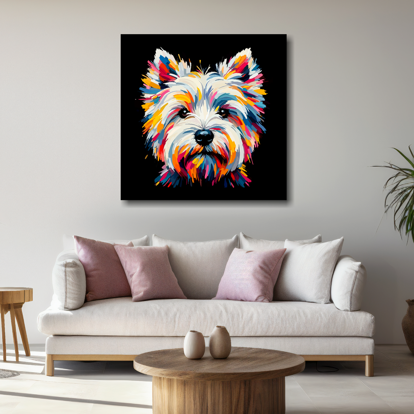 Large canvas wall art - A vibrant multi-coloured head portrait of a West Highland Terrier. Available in 3 large sizes.