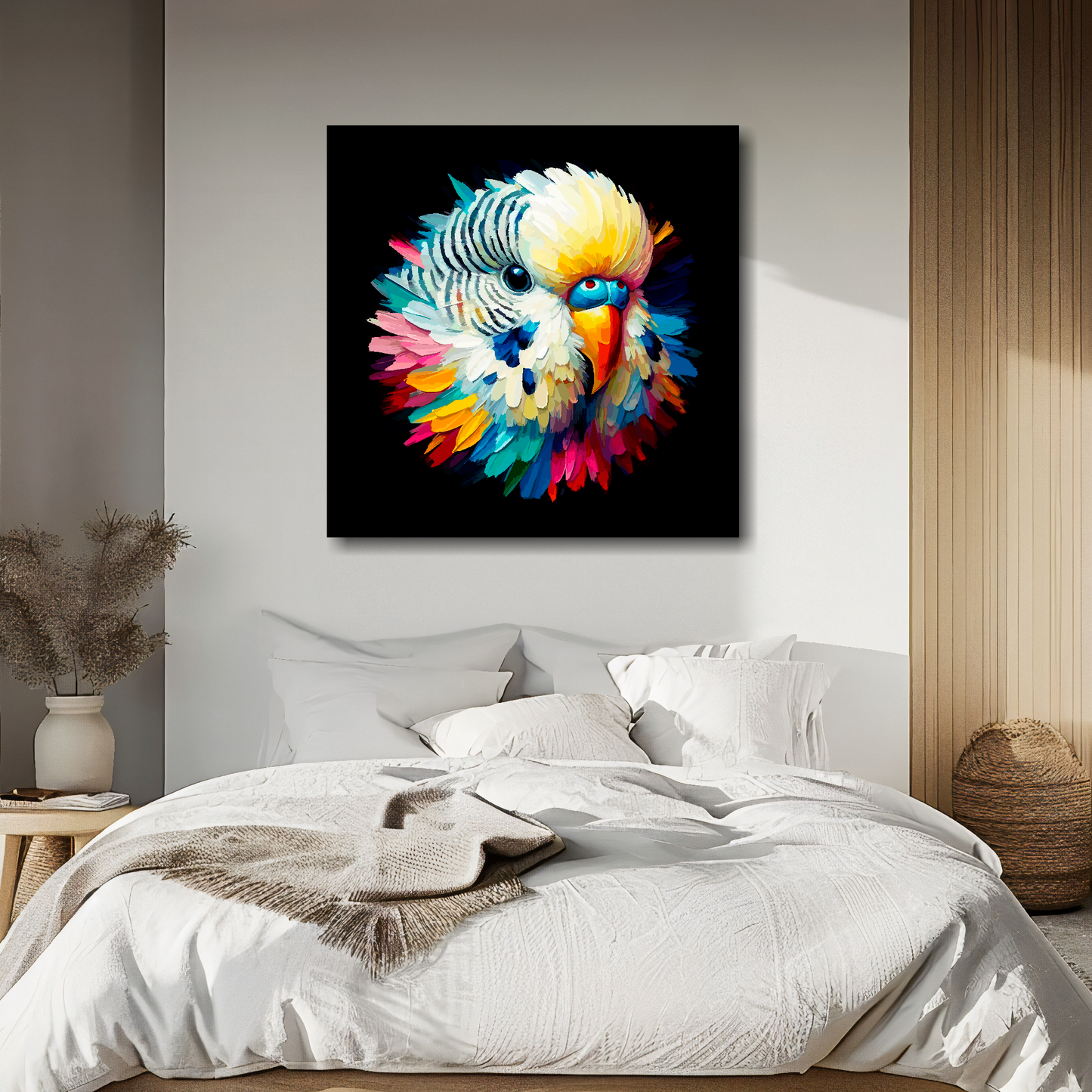 Large canvas wall art - A vibrant multi-coloured head portrait of a White Budgie. Available in 3 large sizes.