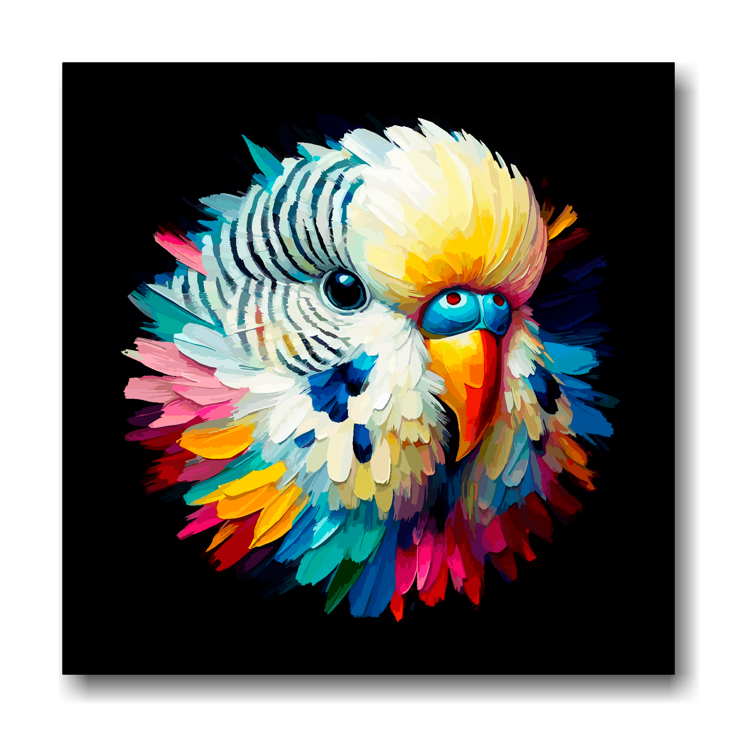 Large canvas wall art - A vibrant multi-coloured head portrait of a White Budgie. Available in 3 large sizes.