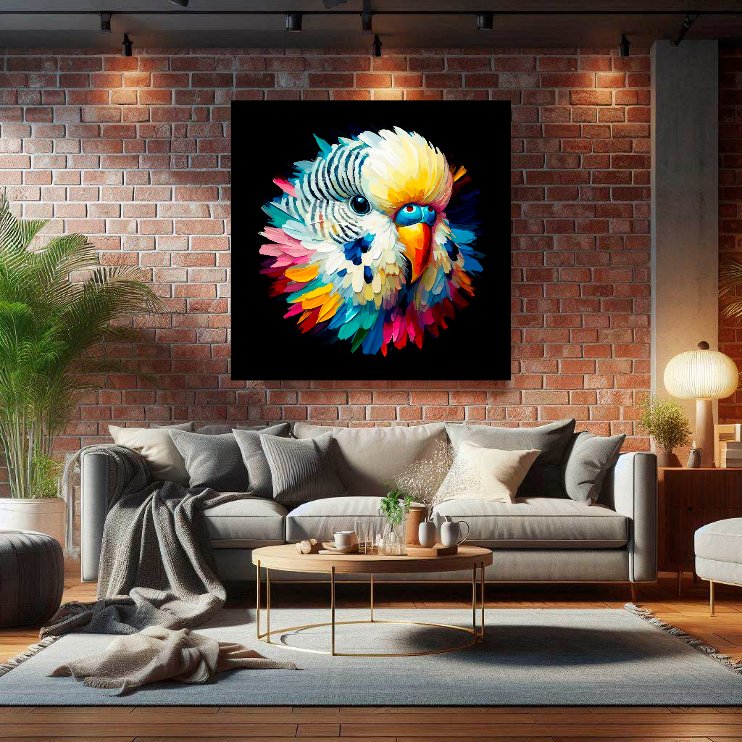 Large canvas wall art - A vibrant multi-coloured head portrait of a White Budgie. Available in 3 large sizes.