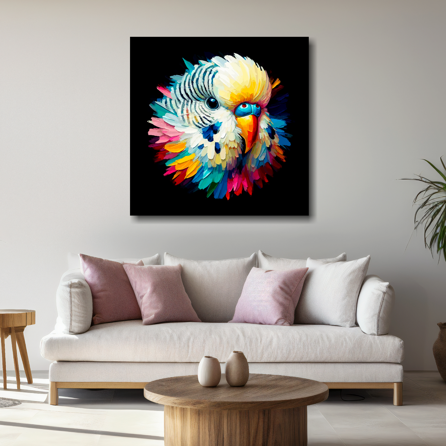 Large canvas wall art - A vibrant multi-coloured head portrait of a White Budgie. Available in 3 large sizes.