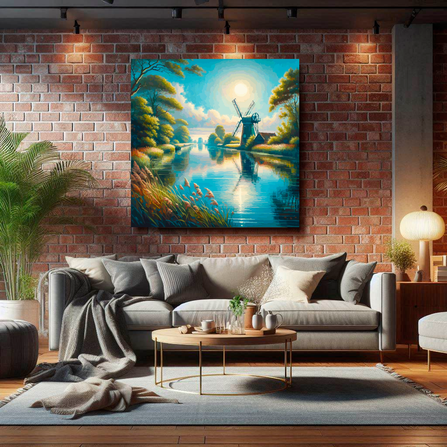 Huge canvas mounted on a brick living room wall above a grey sofa. Featuring an abstract painting of a windmill on the Norfolk broads.