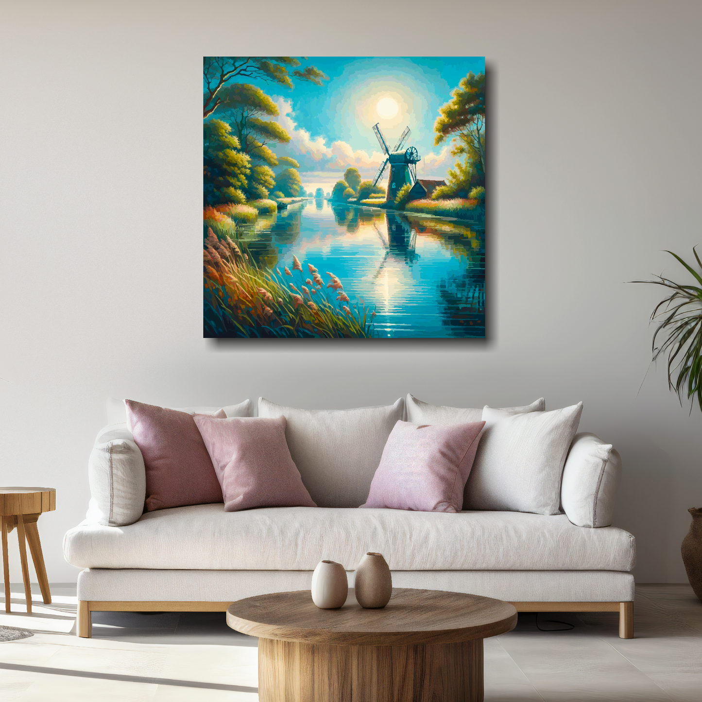 Large canvas mounted on a white living room wall above a white sofa. Featuring an abstract painting of a windmill on the Norfolk broads.
