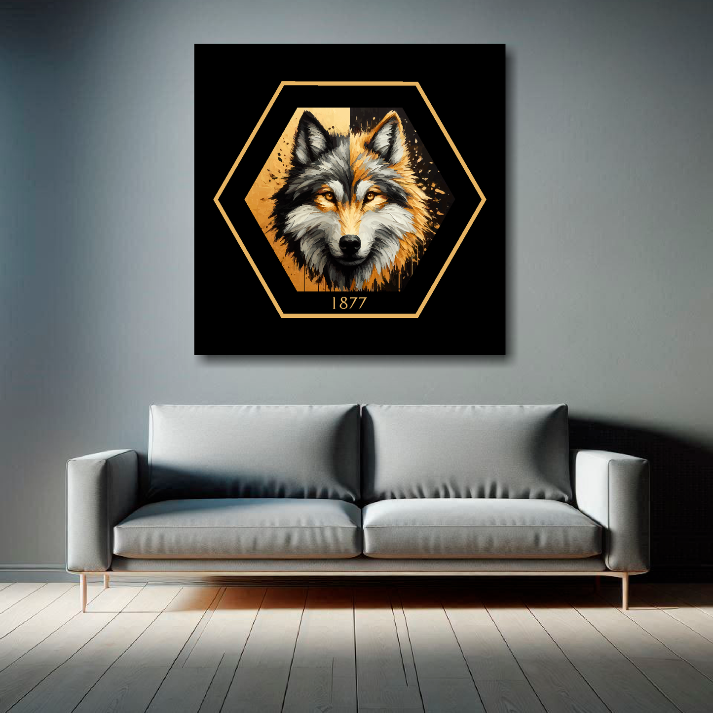 Wolverhampton Wanderers inspired canvas art. A black and gold wolf head painting sits in the middle of a hexagnal badge shape with 1877 at the bottom on a black background. Mounted on a grey wall above a grey sofa.
