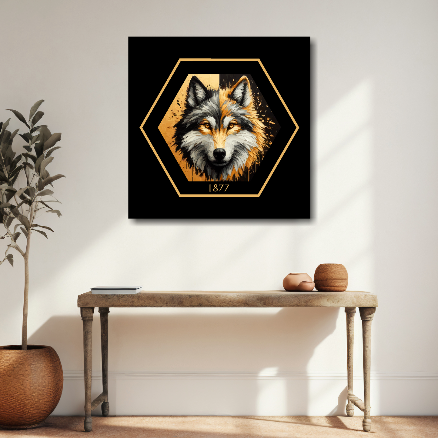 Wolverhampton Wanderers inspired canvas art. A black and gold wolf head painting sits in the middle of a hexagnal badge shape with 1877 at the bottom on a black background. Mounted on a cream wall above a wooden table.