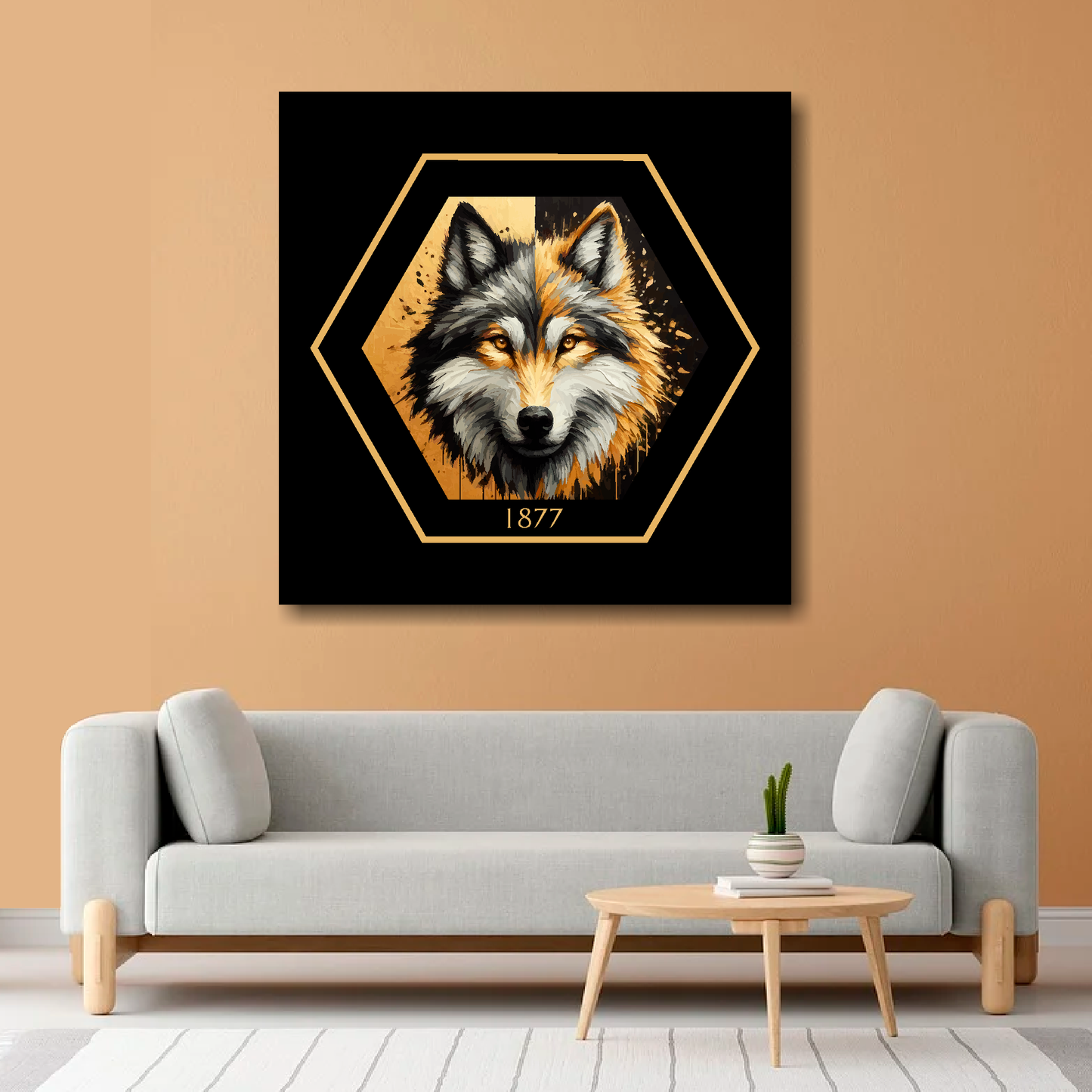 Wolverhampton Wanderers inspired canvas art. A black and gold wolf head painting sits in the middle of a hexagnal badge shape with 1877 at the bottom on a black background. Mounted on an orange lounge wall above a grey sofa.